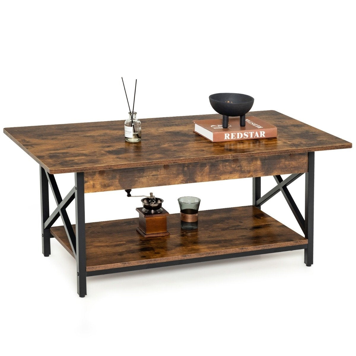 2 Tier Industrial Coffee Table with Shelf & X-Shaped Metal Frame Brown
