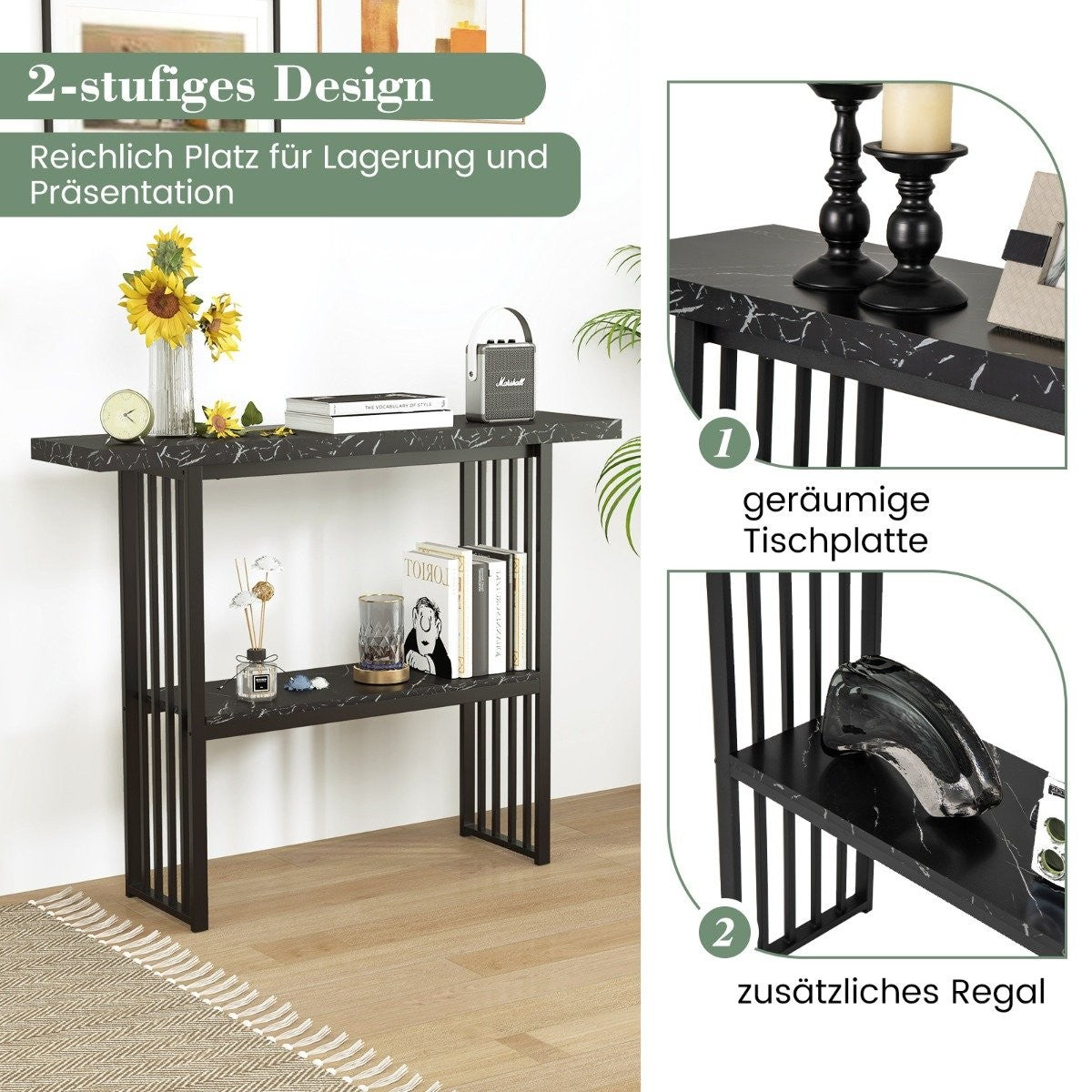 2-Tier Marble-Look Console Table with Metal Frame