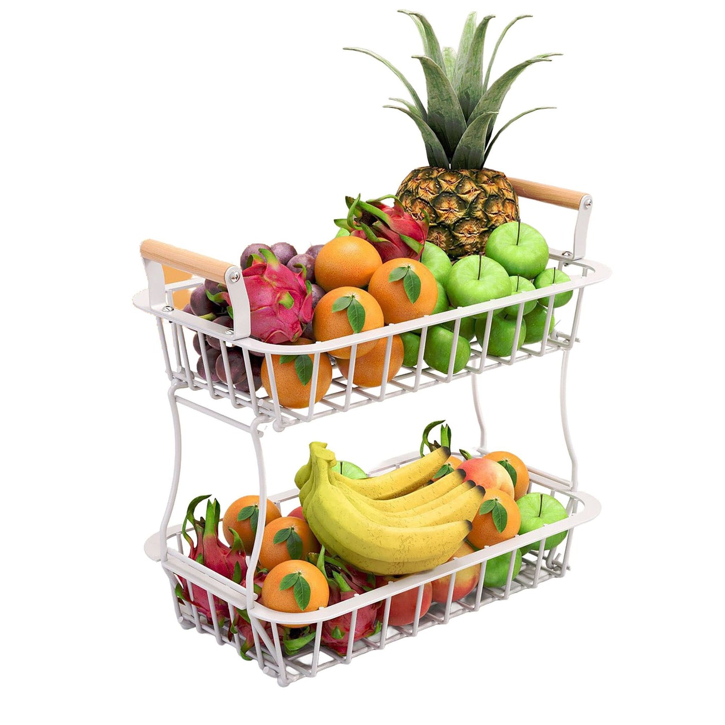 2-Tier Metal Fruit Basket with Wooden Handles
