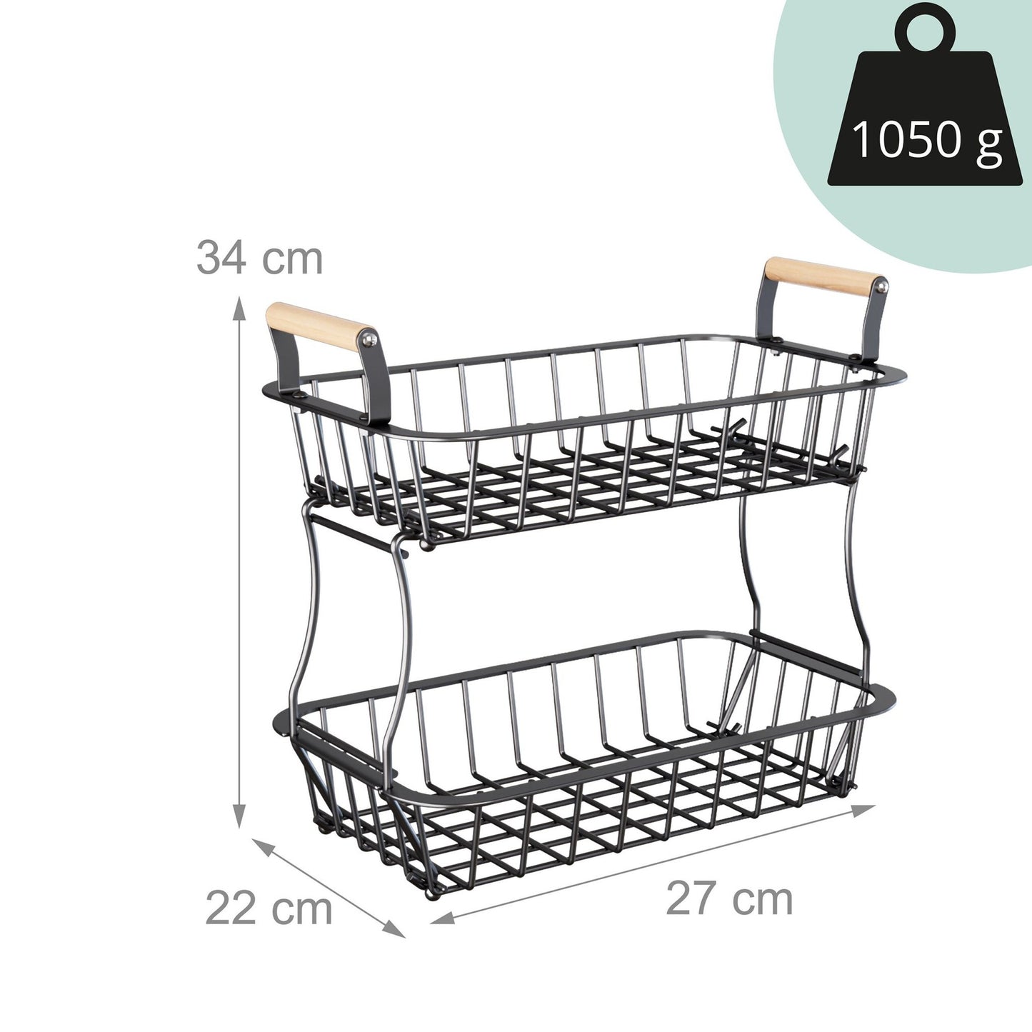 2-Tier Metal Fruit Basket with Wooden Handles