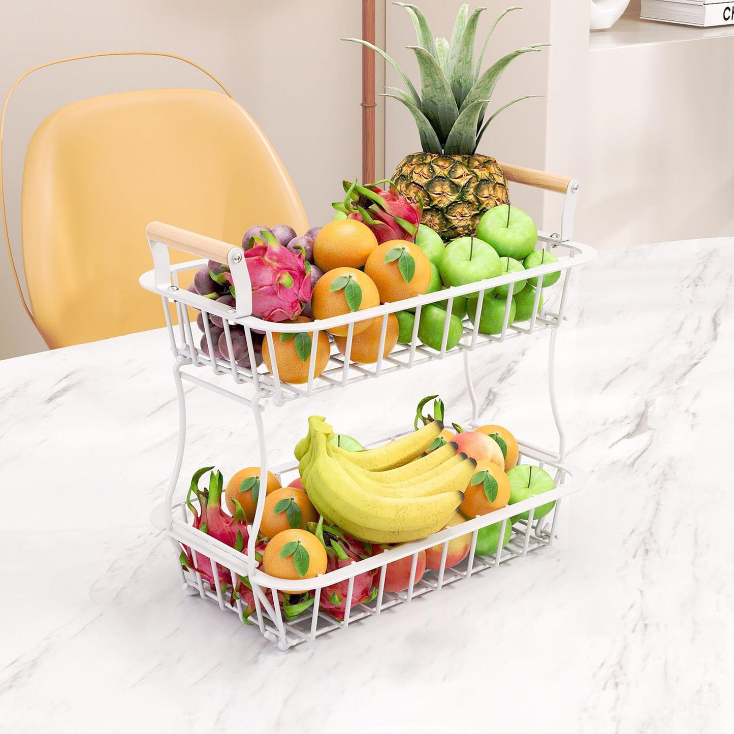 2-Tier Metal Fruit Basket with Wooden Handles