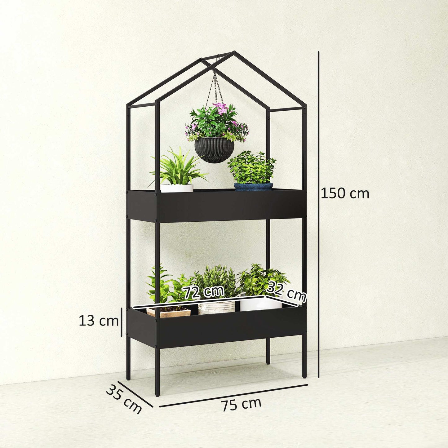 2-Tier Metal Plant Stand with Hook, 150 cm Tall, Black