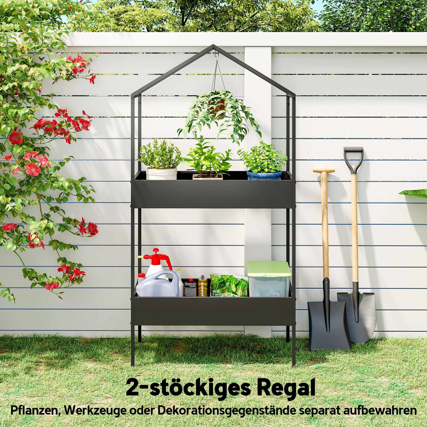 2-Tier Metal Plant Stand with Hook, 150 cm Tall, Black