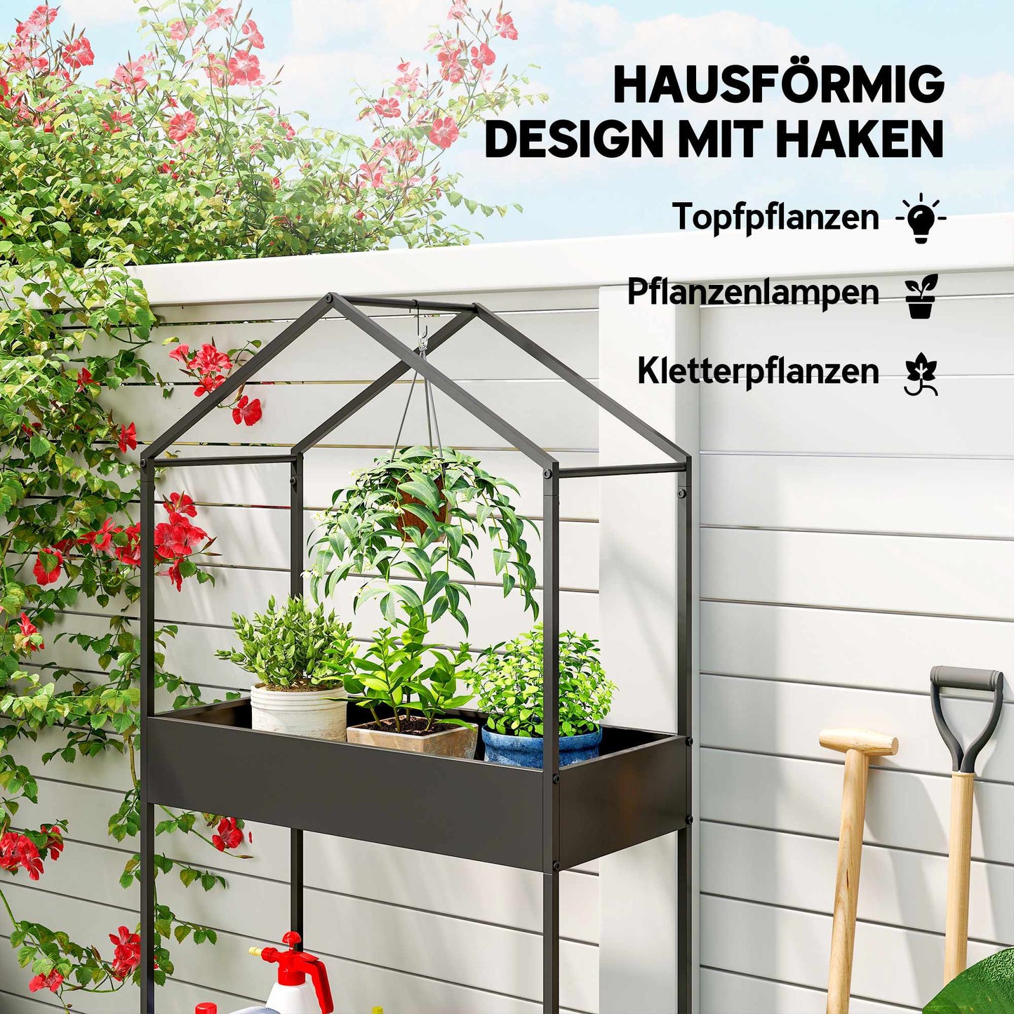 2-Tier Metal Plant Stand with Hook, 150 cm Tall, Black