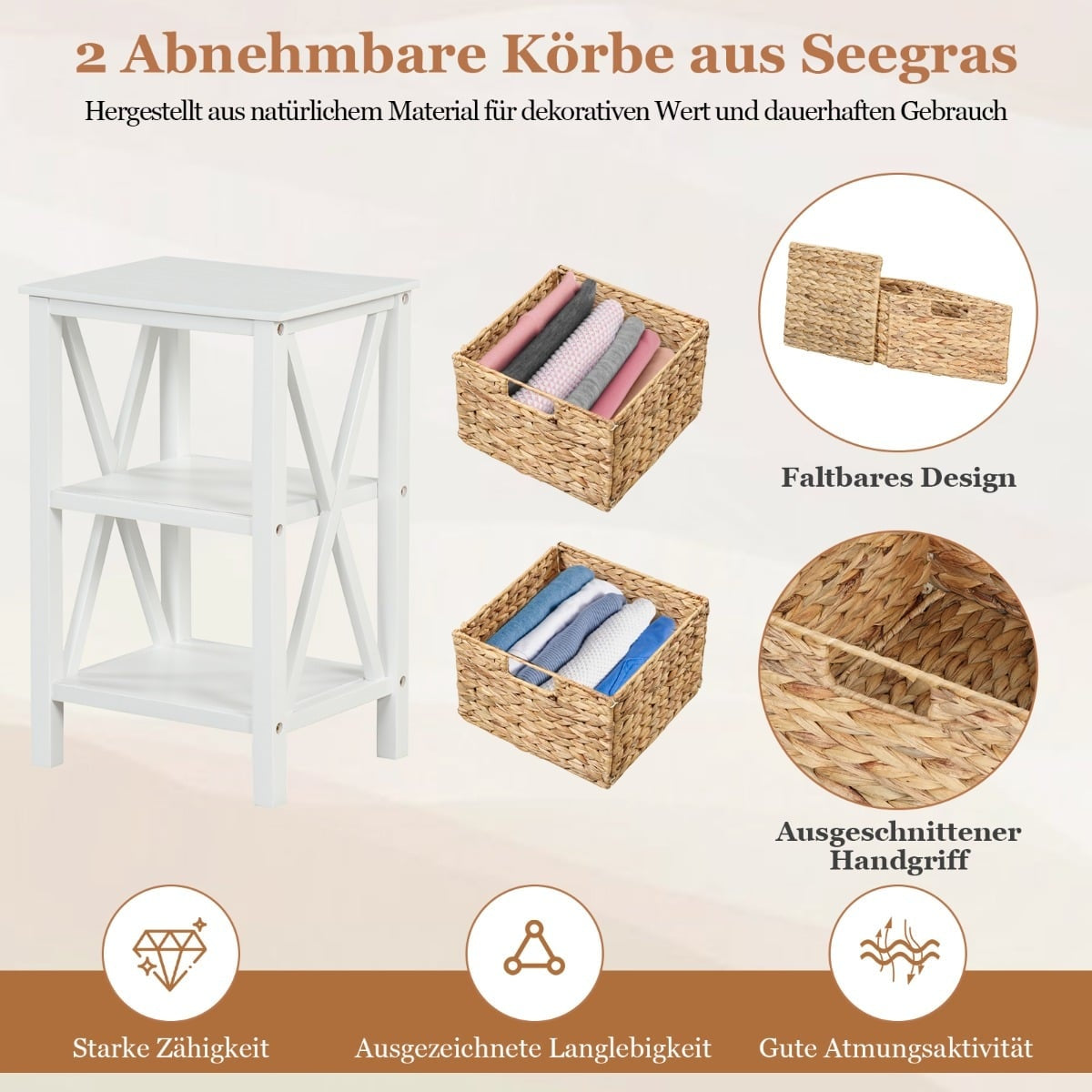 2-Tier Nightstand with Seagrass Baskets, White