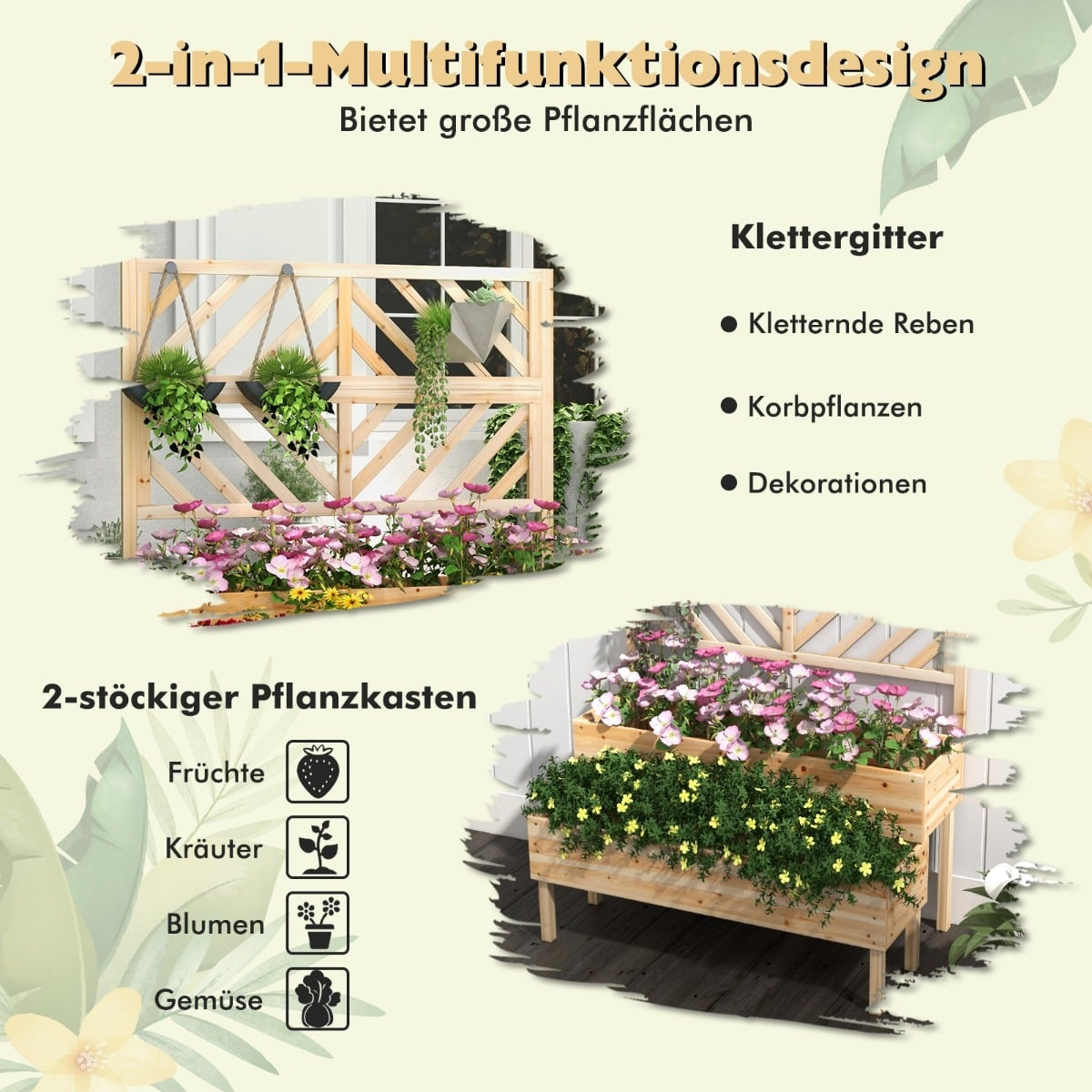 2-Tier Raised Garden Bed with Trellis, Natural Wood