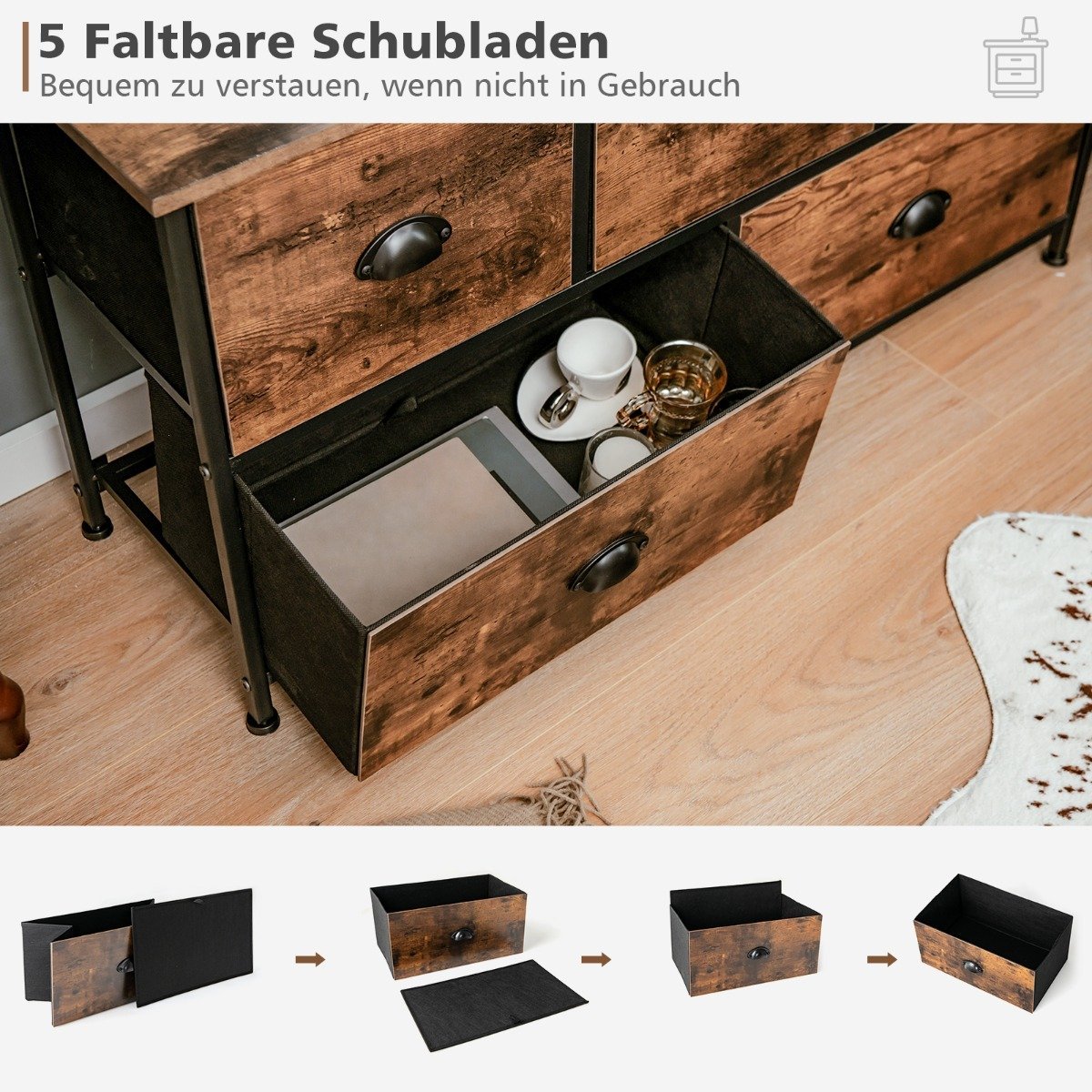 2 Tier Rustic Chest with 5 Drawers & Foldable Fabric Drawers Brown