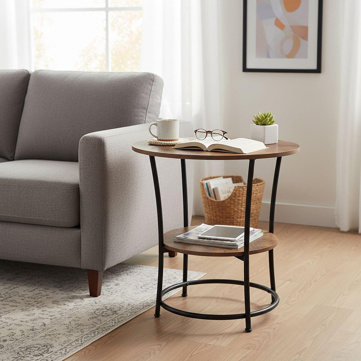2-Tier Side Table, Wood-Effect Top, Metal Frame