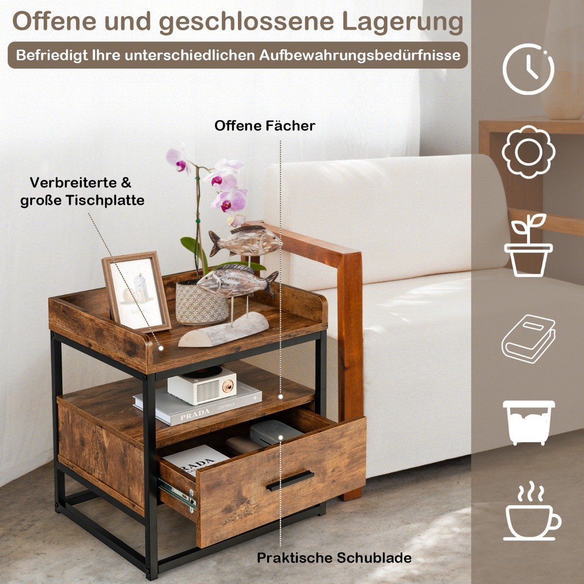 2-Tier Side Table with Metal Frame & Raised Edges