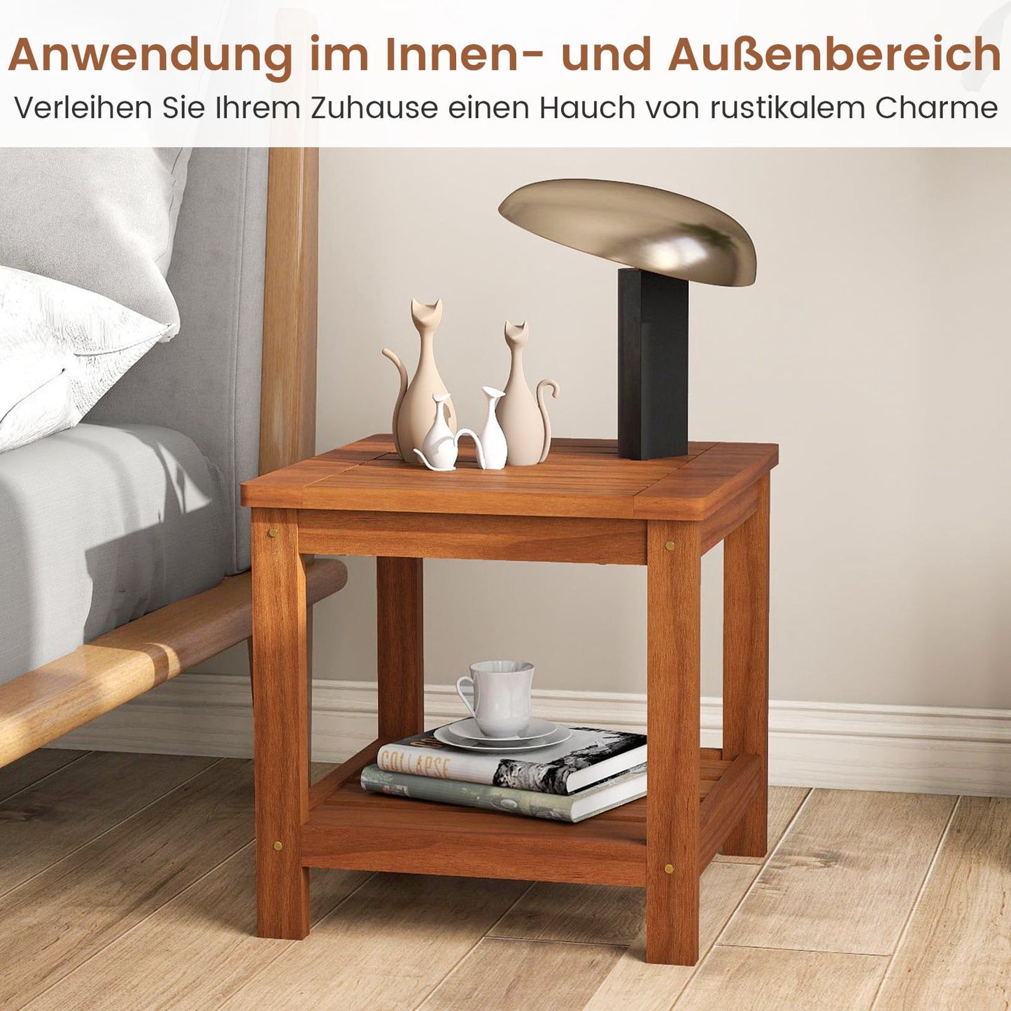 2-Tier Solid Wood Side Table with Shelf, Natural Finish