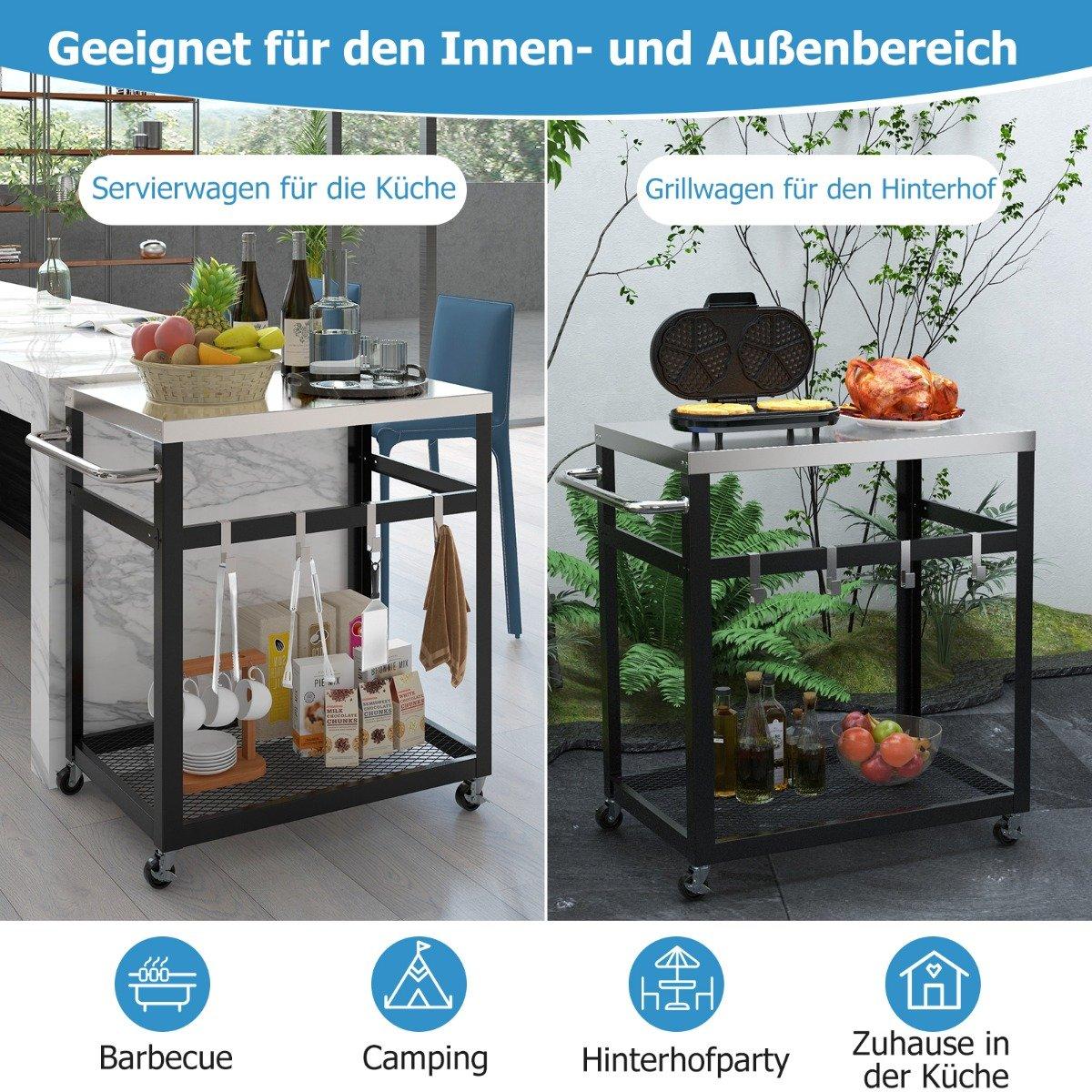 2 Tier Stainless Steel Grill Cart with Wheels & Handle & Hooks Outdoor Cart Work Table