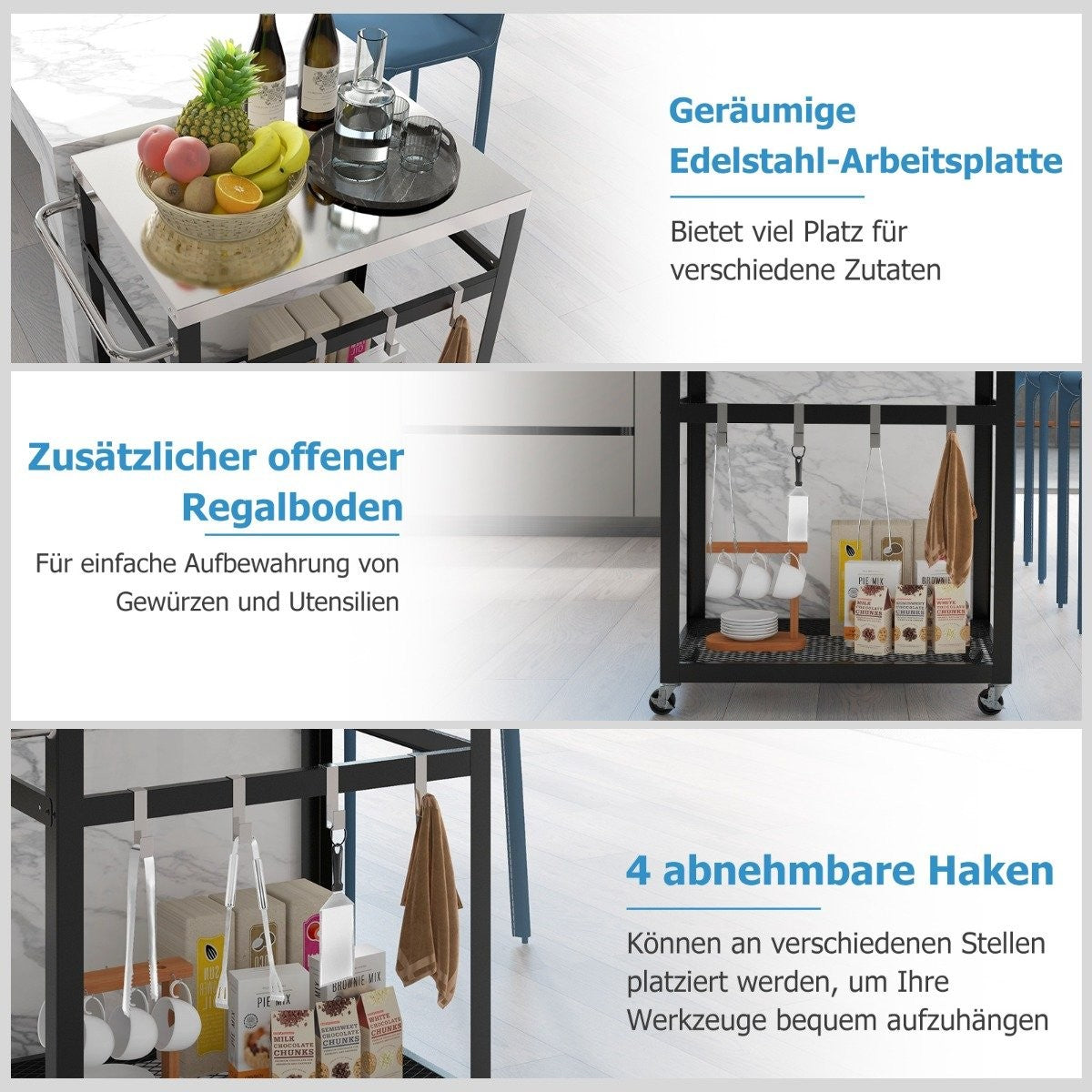 2 Tier Stainless Steel Grill Cart with Wheels & Handle & Hooks Outdoor Cart Work Table
