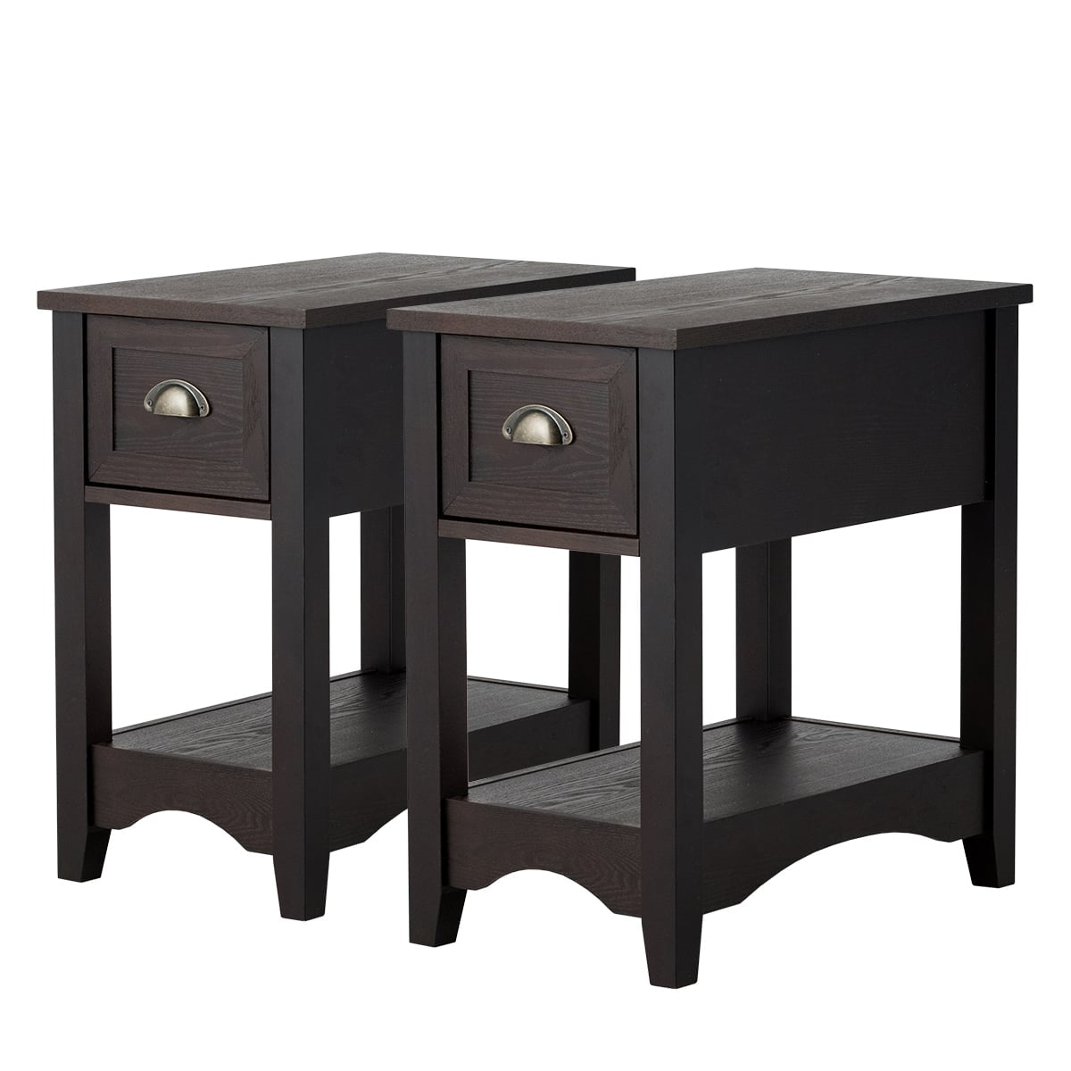2-Tier Walnut Side Table Set with Drawer & Shelf