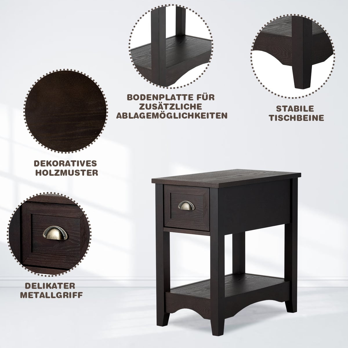 2-Tier Walnut Side Table Set with Drawer & Shelf