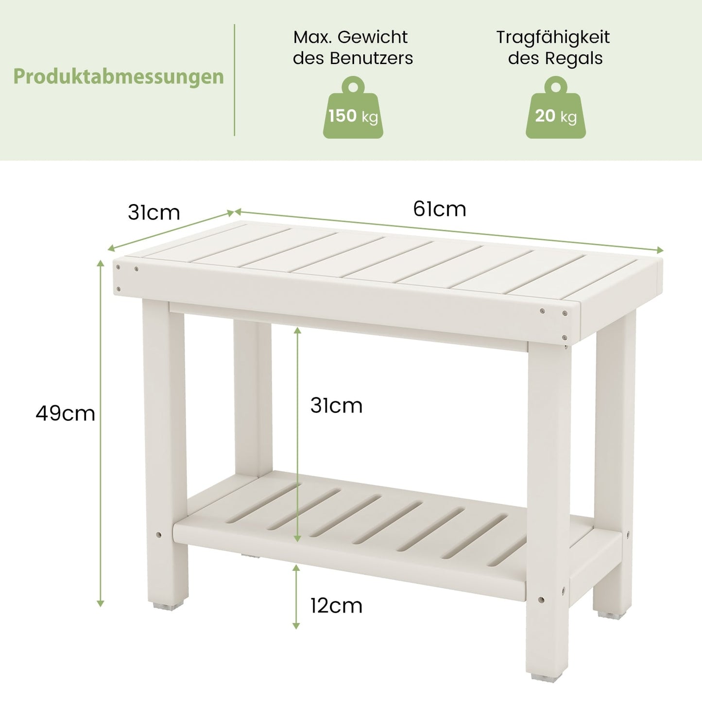 2-Tier Waterproof Shower Bench with Storage, White