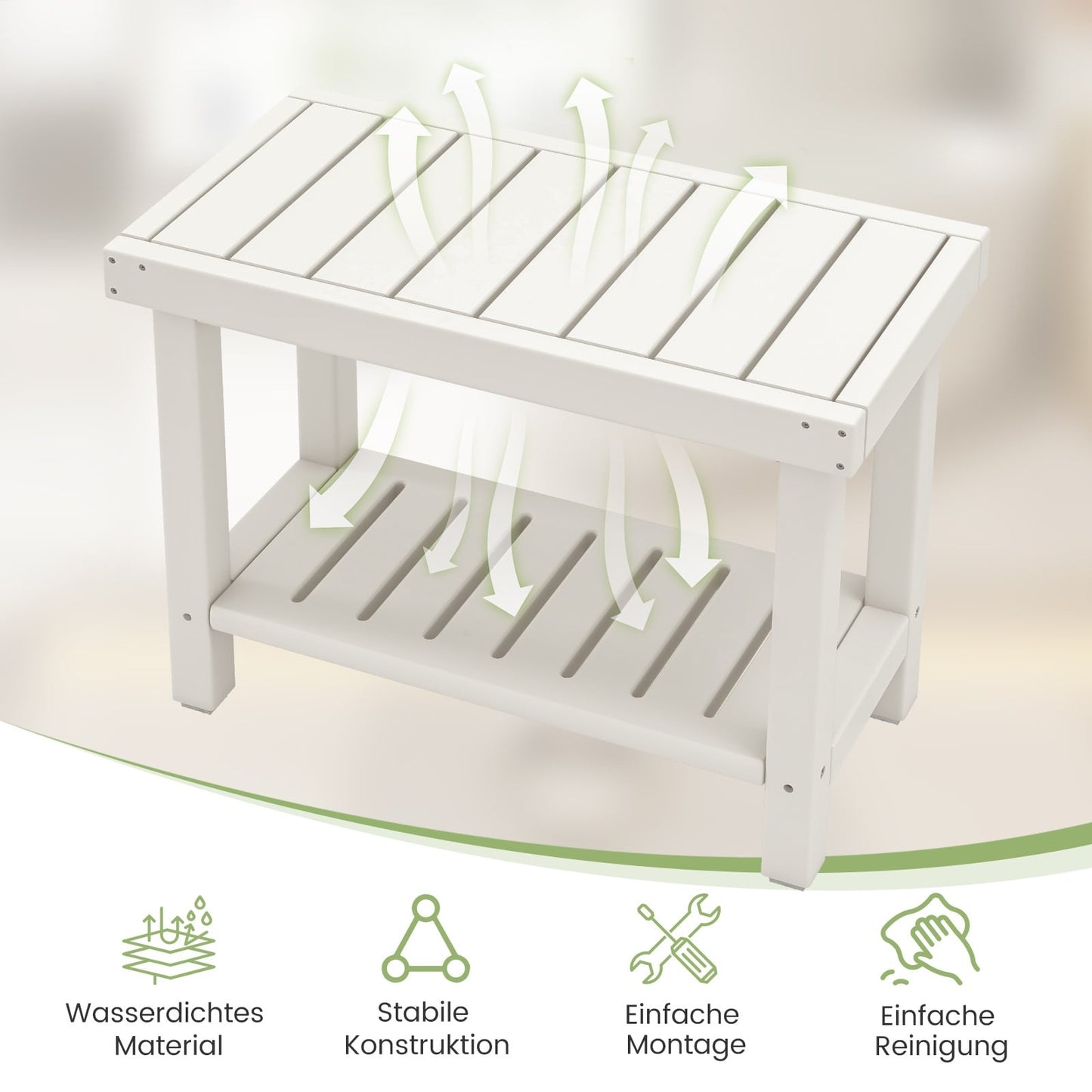 2-Tier Waterproof Shower Bench with Storage, White