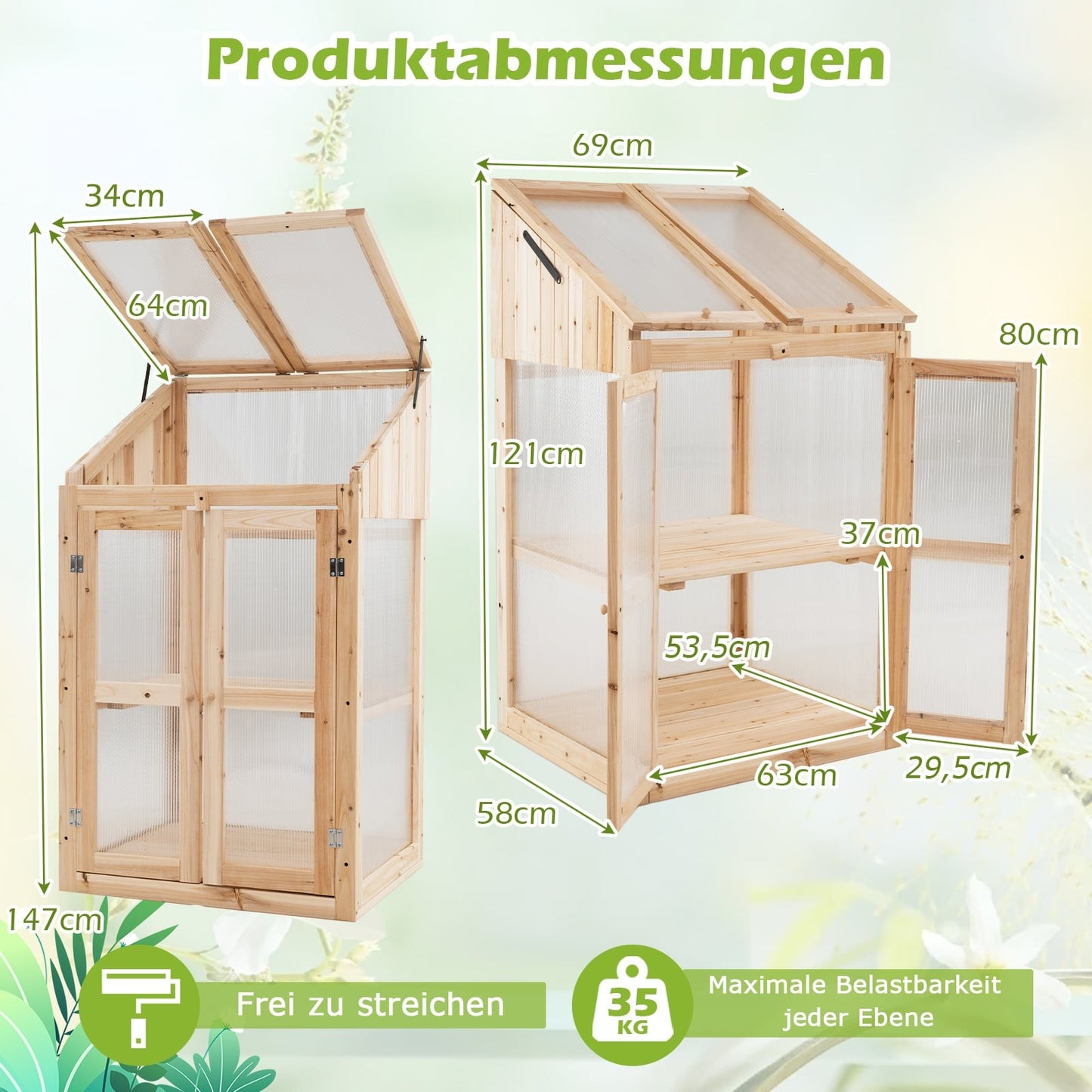 2-Tier Wooden Cold Frame Greenhouse with Doors, 69x58x121 cm