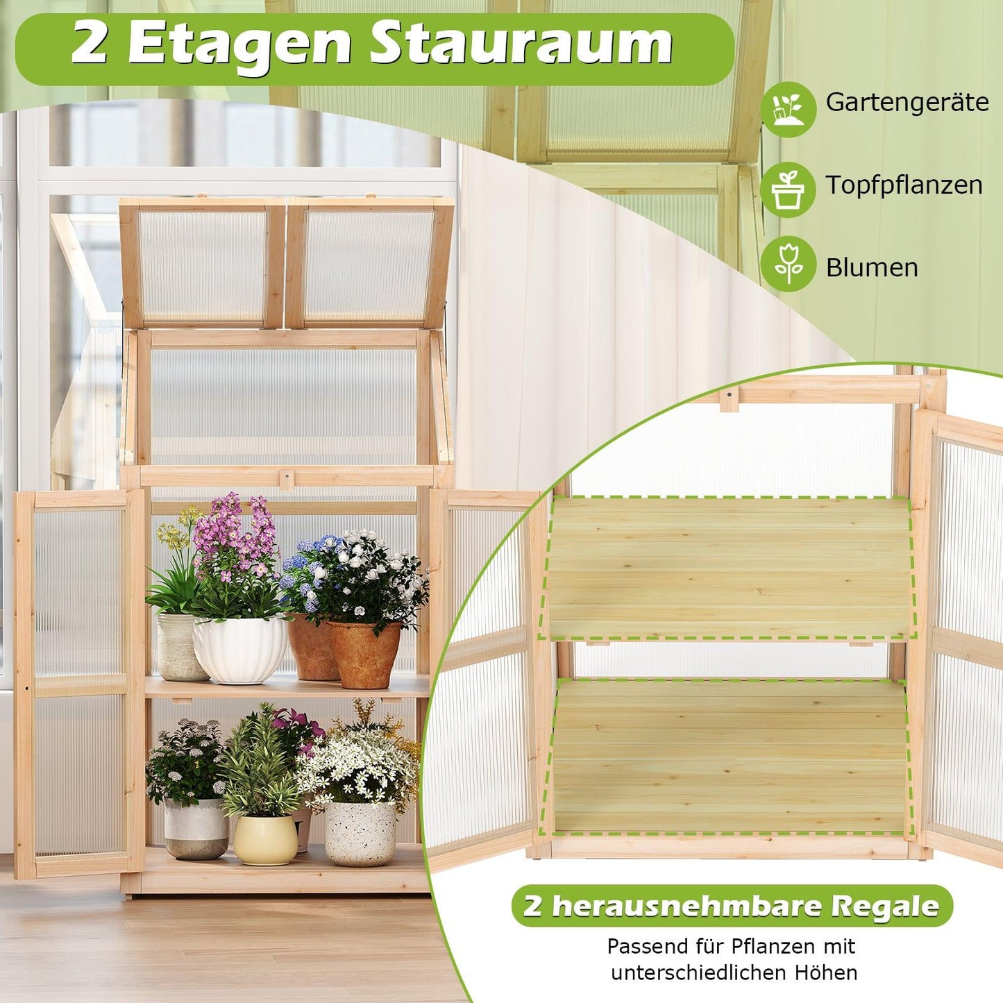 2-Tier Wooden Cold Frame Greenhouse with Doors, 69x58x121 cm
