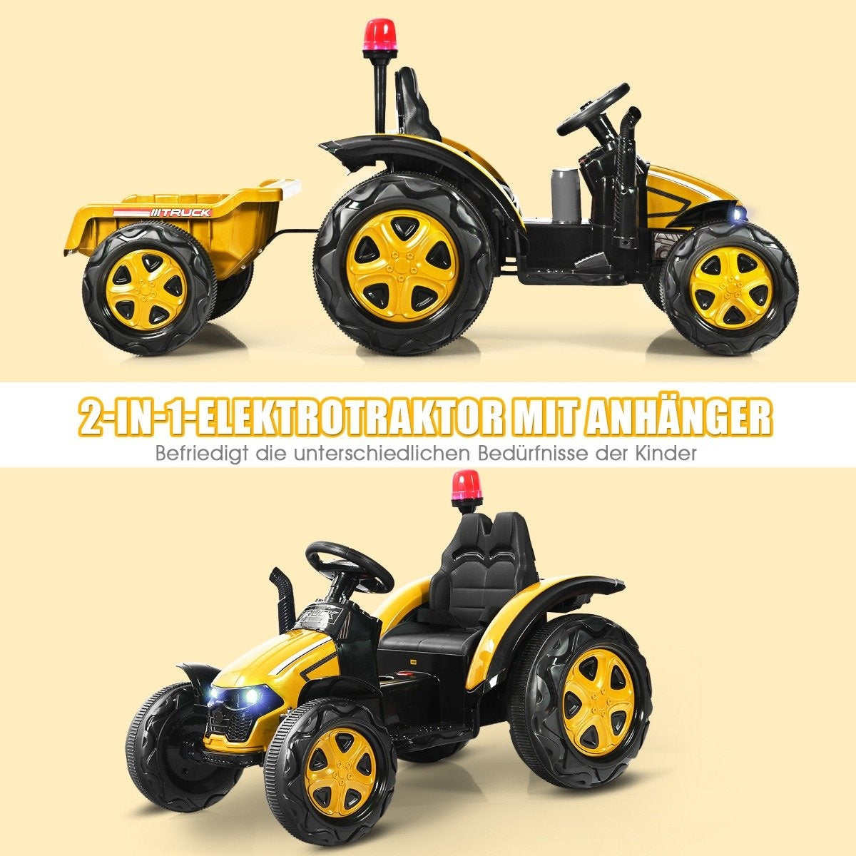 2V tractor with 2.4G remote control & removable trailer for children 3-8 years. Yellow