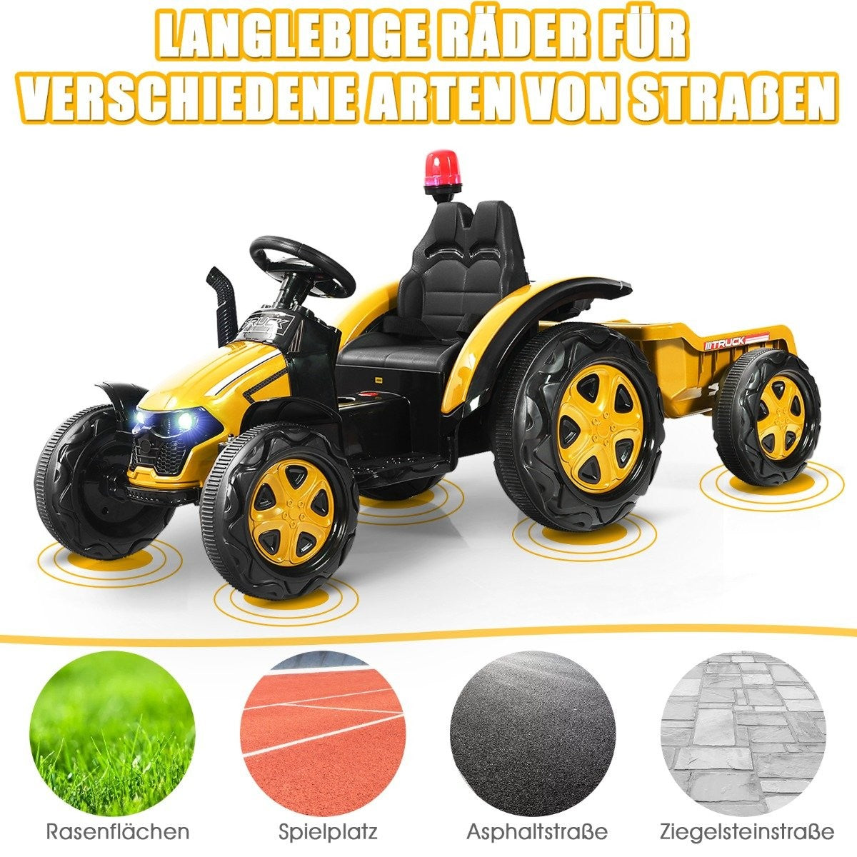 2V tractor with 2.4G remote control & removable trailer for children 3-8 years. Yellow