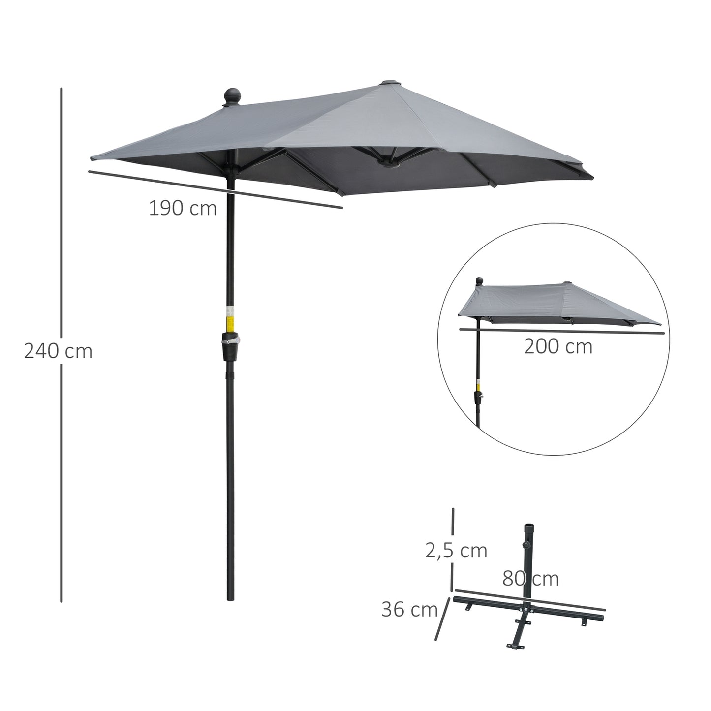 Half-round Balcony parasol 2x2m, Waterproof Dark grey
