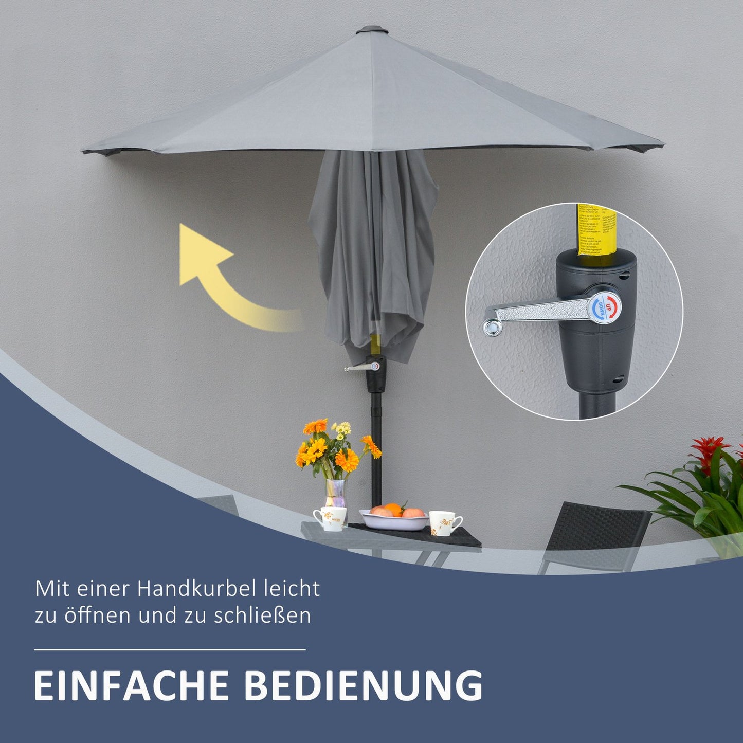 Half-round Balcony parasol 2x2m, Waterproof Dark grey