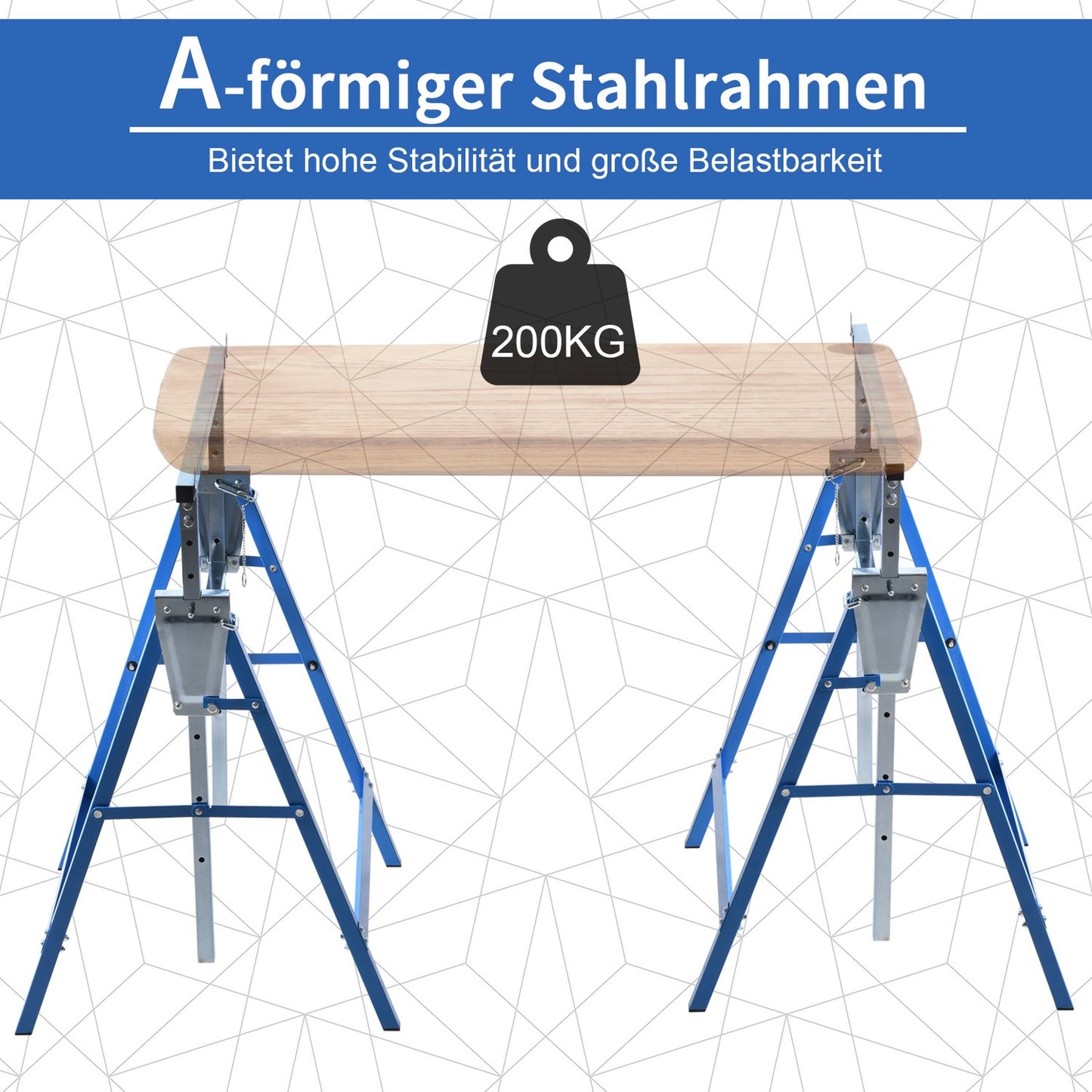 Folding steel trestle, 200 kg, adjustable height, blue