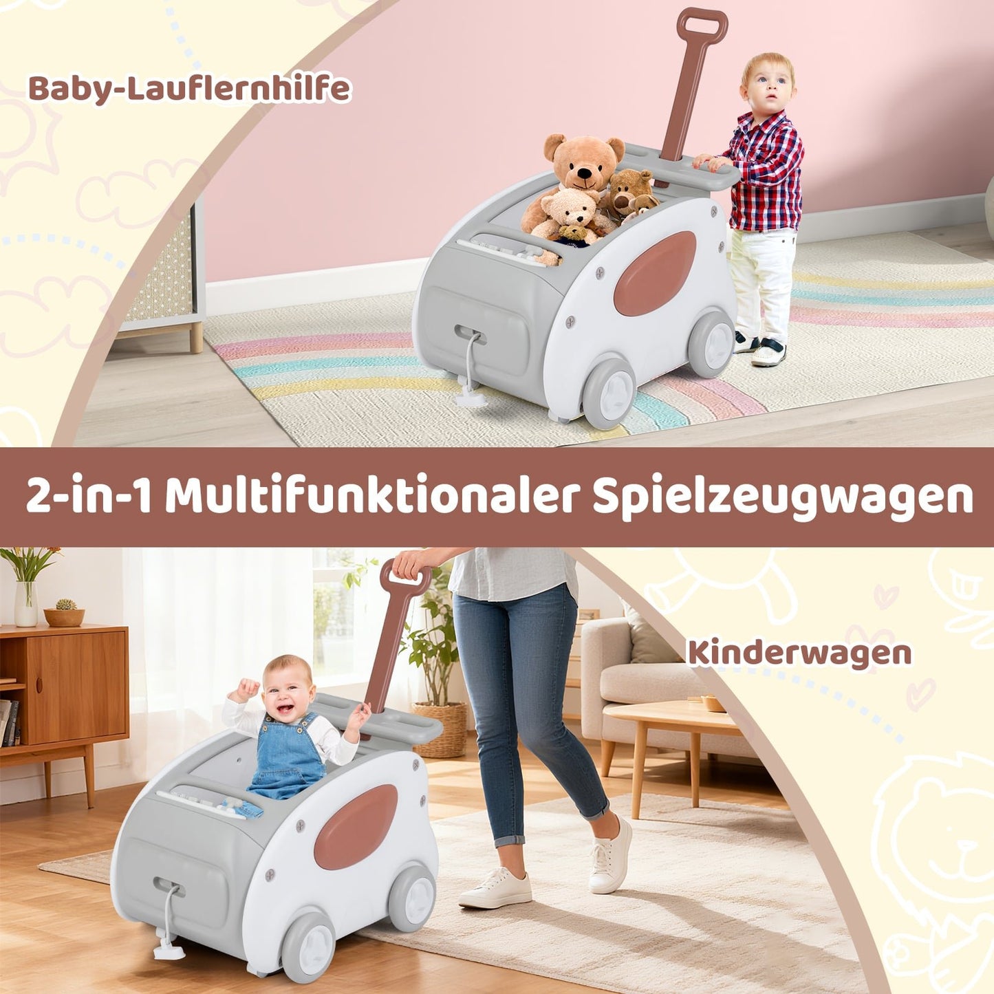 2-in-1 Baby Walker with Wheels, Foldable Seat, Safety Belt