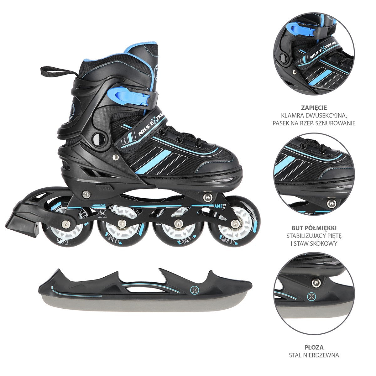 2-in-1 Black/Blue Inline & Hockey Ice Skates, Size S (29-33)