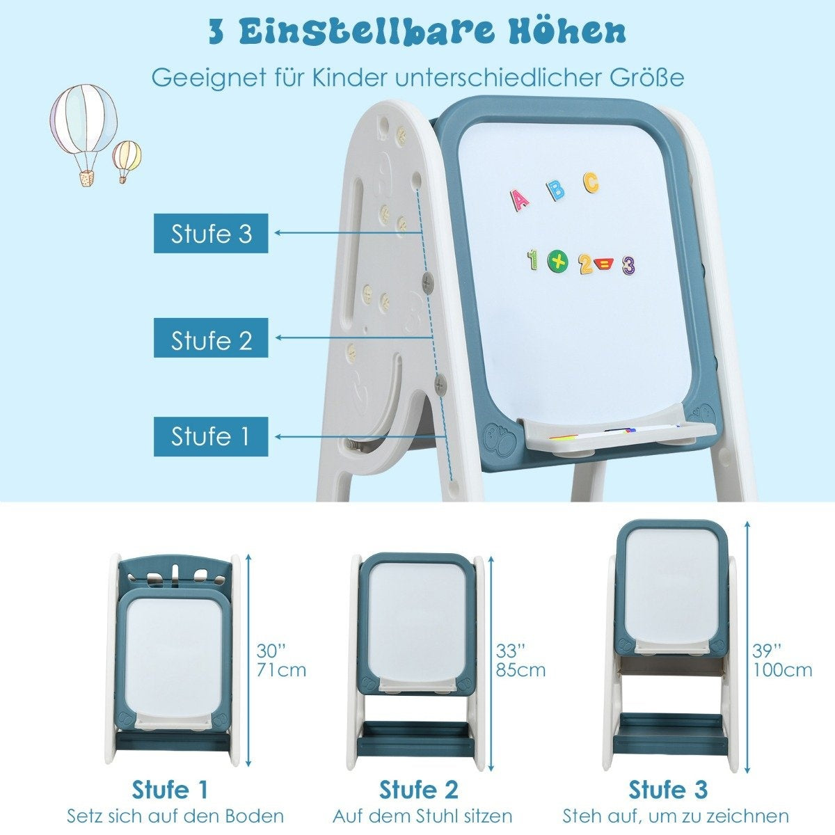 2 in 1 Children's Art Easel Double Sided Magnetic Board Blue