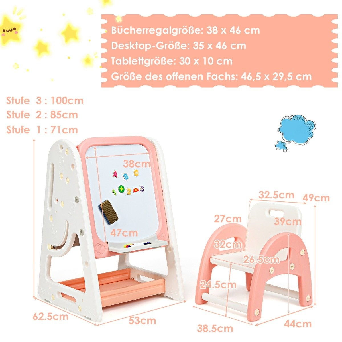 2 in 1 Children's Art Easel Double Sided Magnetic Board and Children's Book Stand Orange