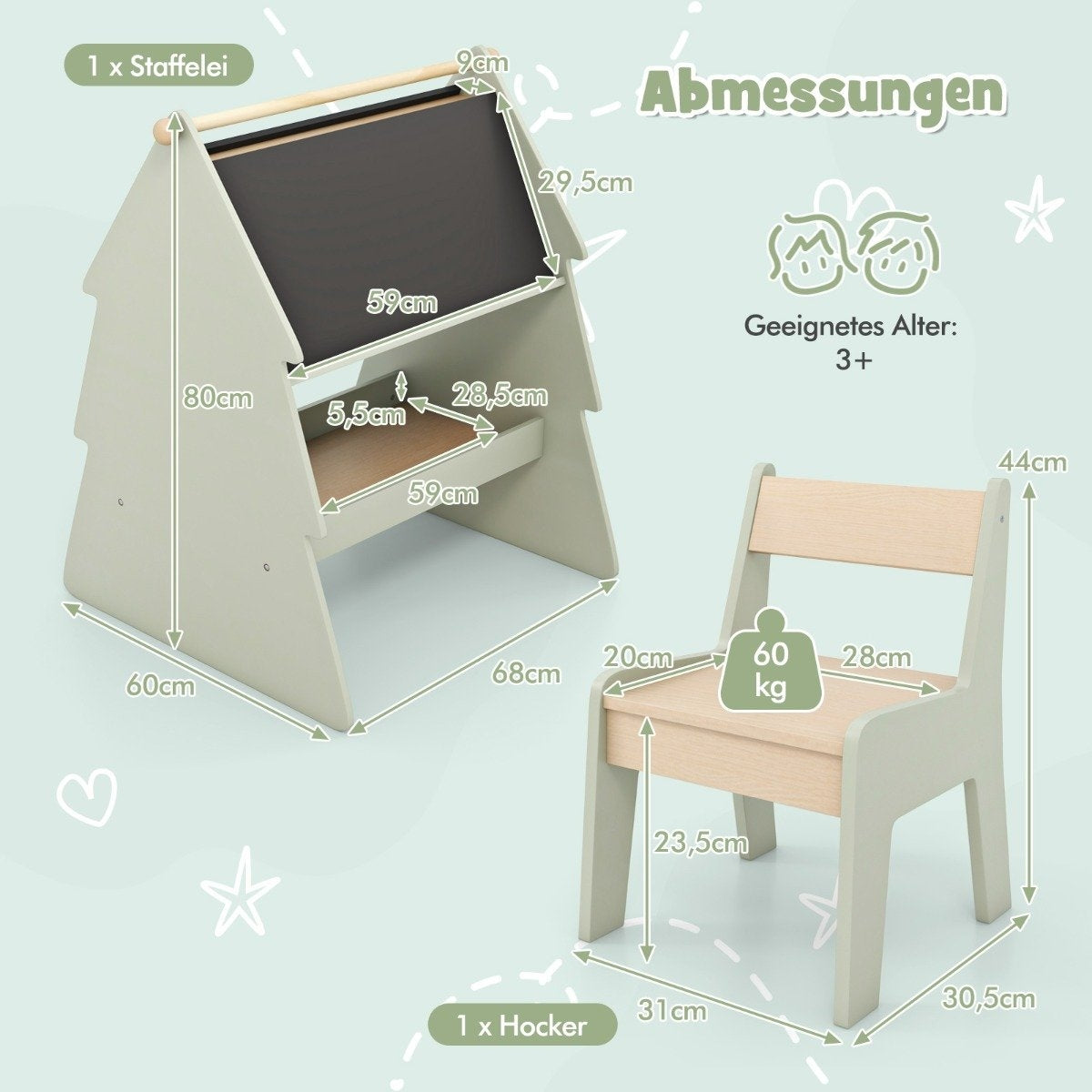 2 in 1 Children's Easel with Chair in Tree Shape Double-Sided Standing Board with Chalkboard & Whiteboard
