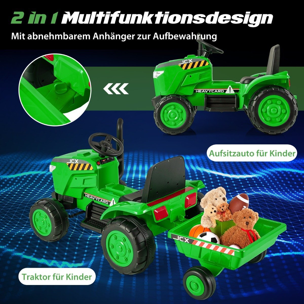 2 in 1 Children's Electric Tractor with Trailer &amp; Remote Control Electric Toy Car-Green