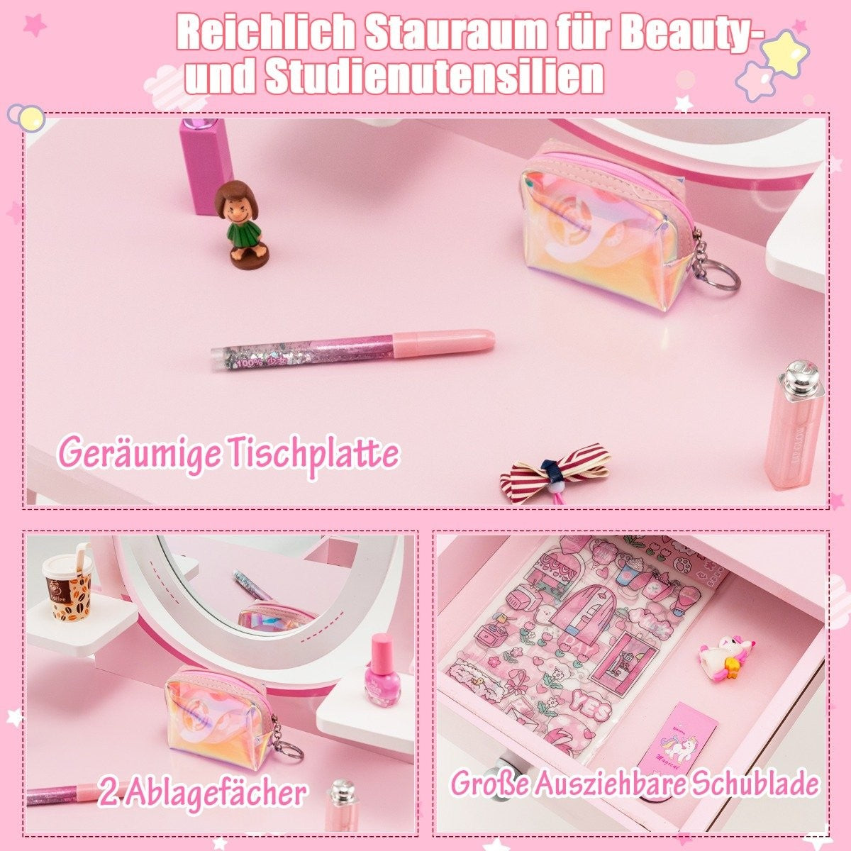 2-in-1 Children's Wooden Dressing Table Set with Stool for Children Ages 3-7 Pink + White
