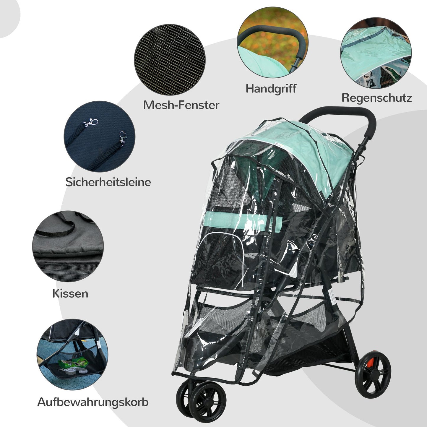 Collapsible pet stroller with rain cover for small dogs and cats