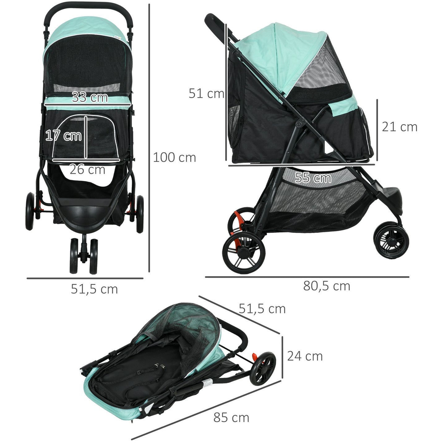 Collapsible pet stroller with rain cover for small dogs and cats