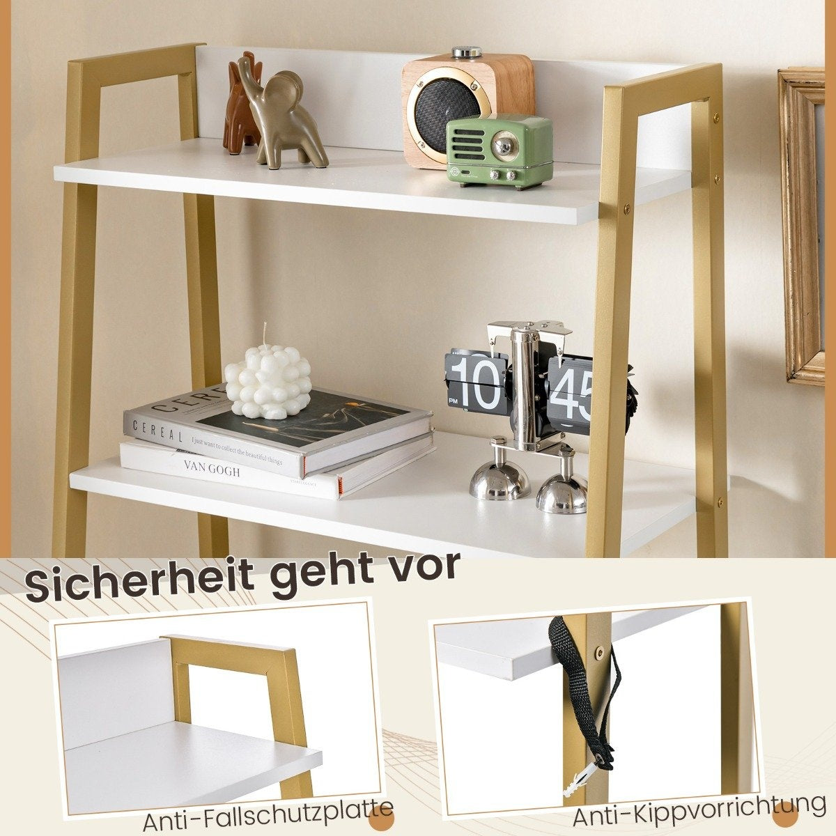 2 in 1 Dressing Table with Stool & Mirror & Double Shelves & Hidden Cabinet White Gold
