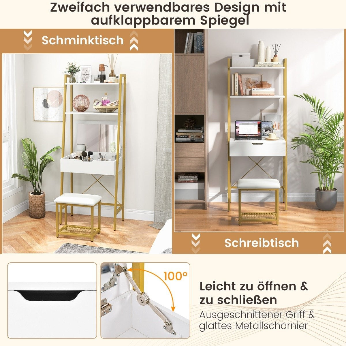 2 in 1 Dressing Table with Stool & Mirror & Double Shelves & Hidden Cabinet White Gold