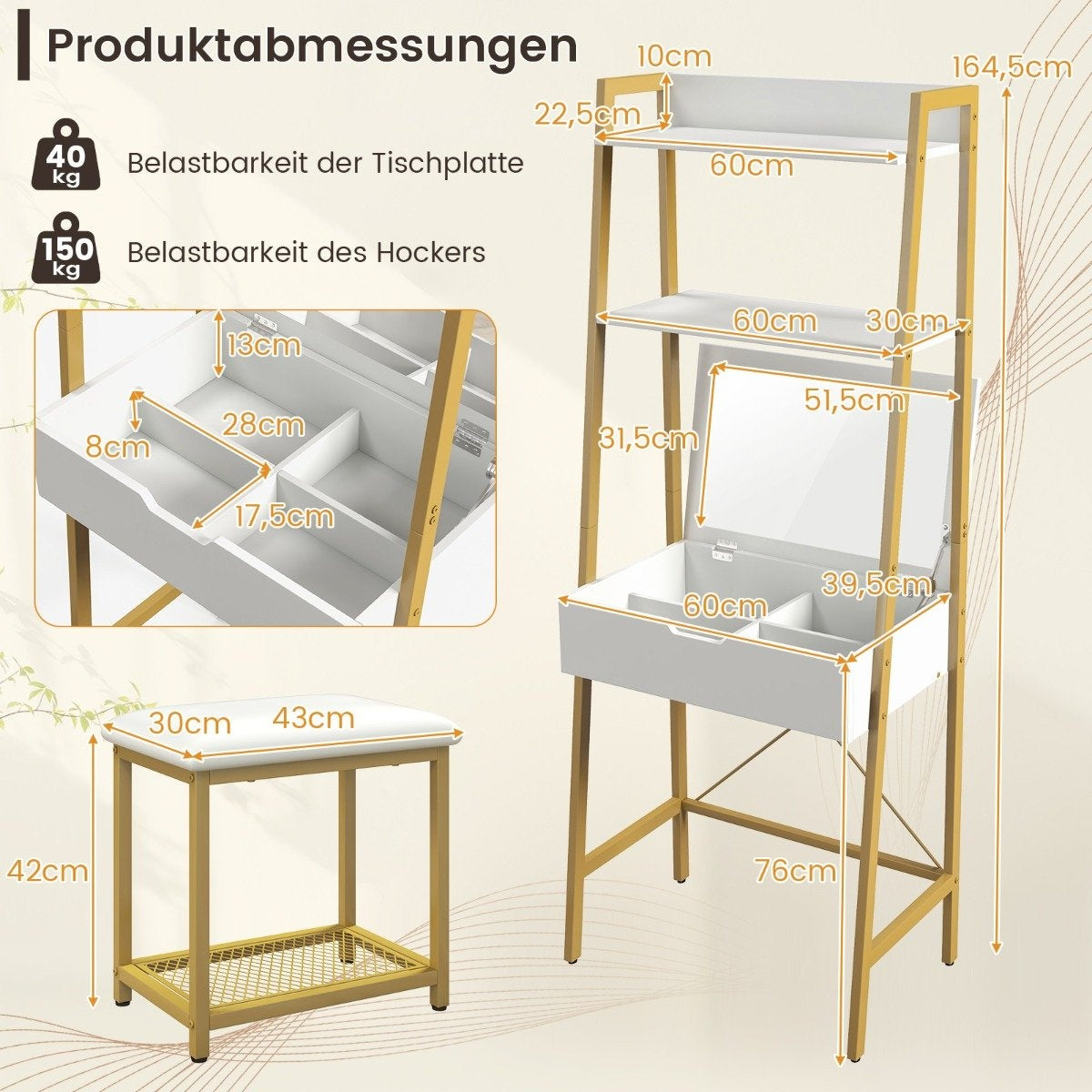 2 in 1 Dressing Table with Stool & Mirror & Double Shelves & Hidden Cabinet White Gold