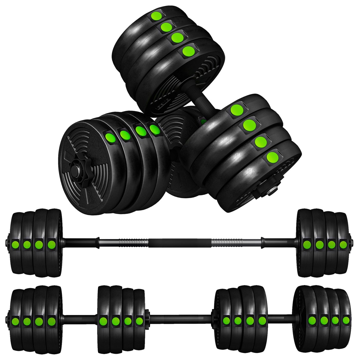 2-in-1 Dumbbell Set, Adjustable 30 kg, Non-Slip, Black/Green