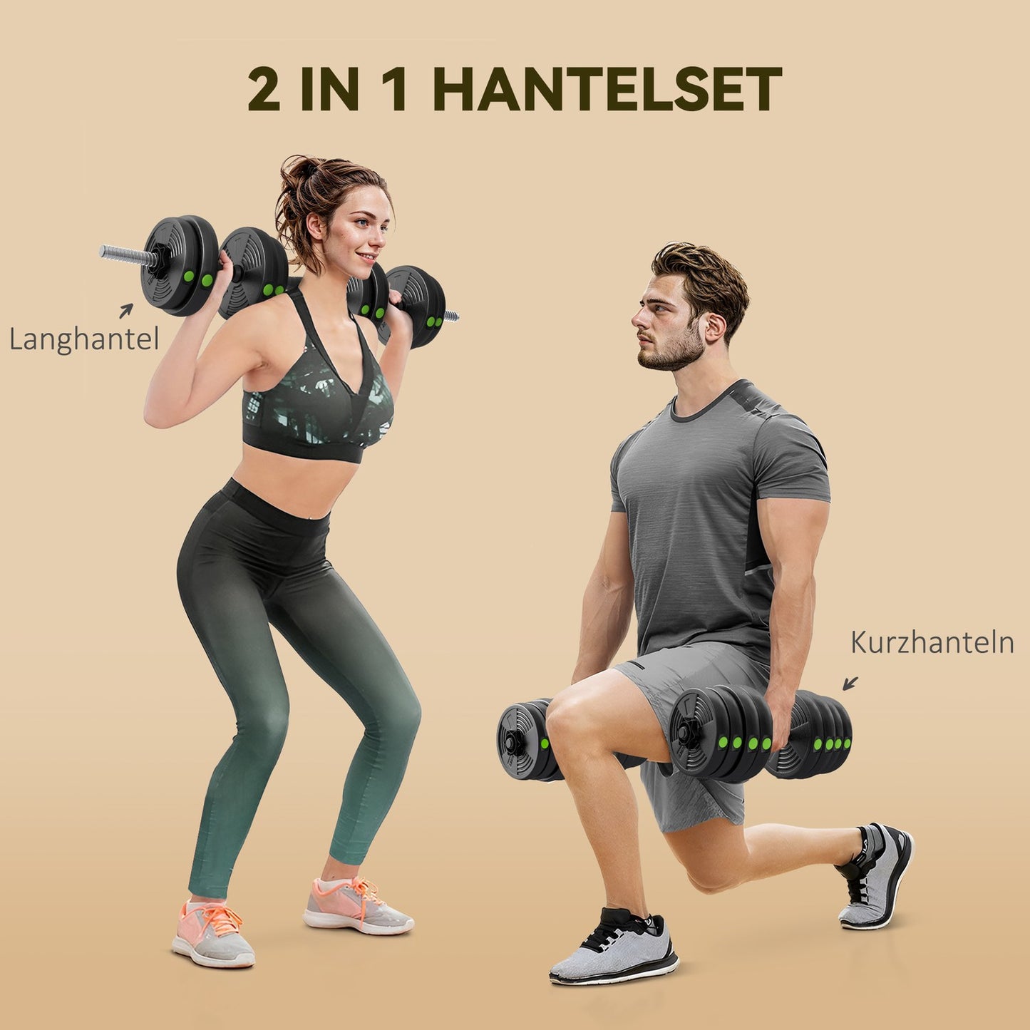 2-in-1 Dumbbell Set, Adjustable 30 kg, Non-Slip, Black/Green
