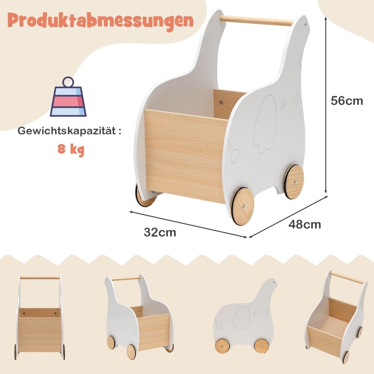 2 in 1 Elephant Shape Wooden Baby Walker with Large Toy Box White