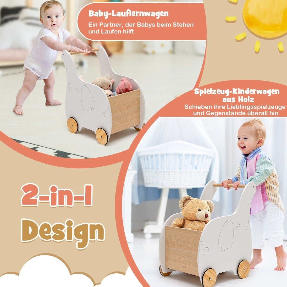 2 in 1 Elephant Shape Wooden Baby Walker with Large Toy Box White