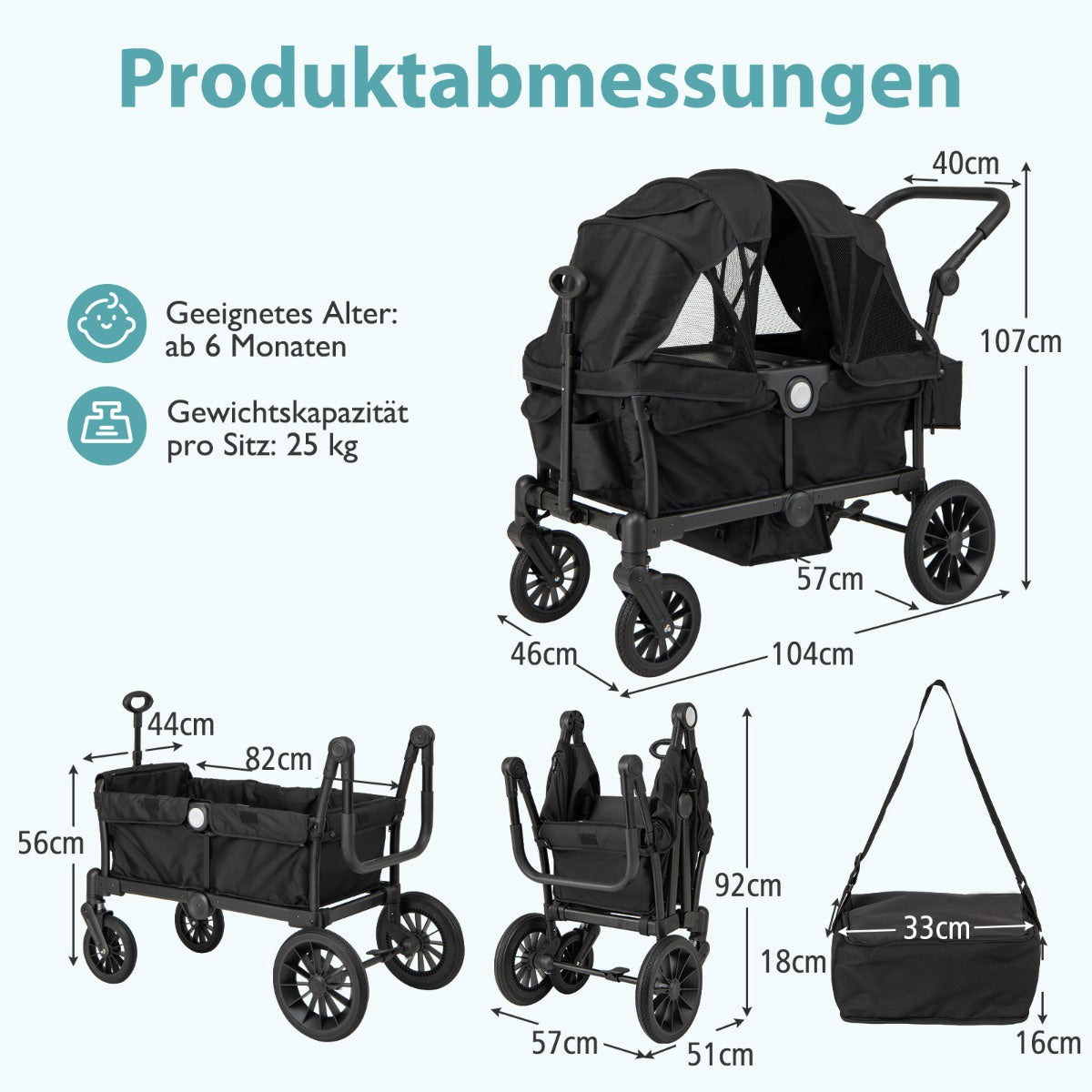 2-in-1 Foldable Double Stroller with Adjustable Handle, Black
