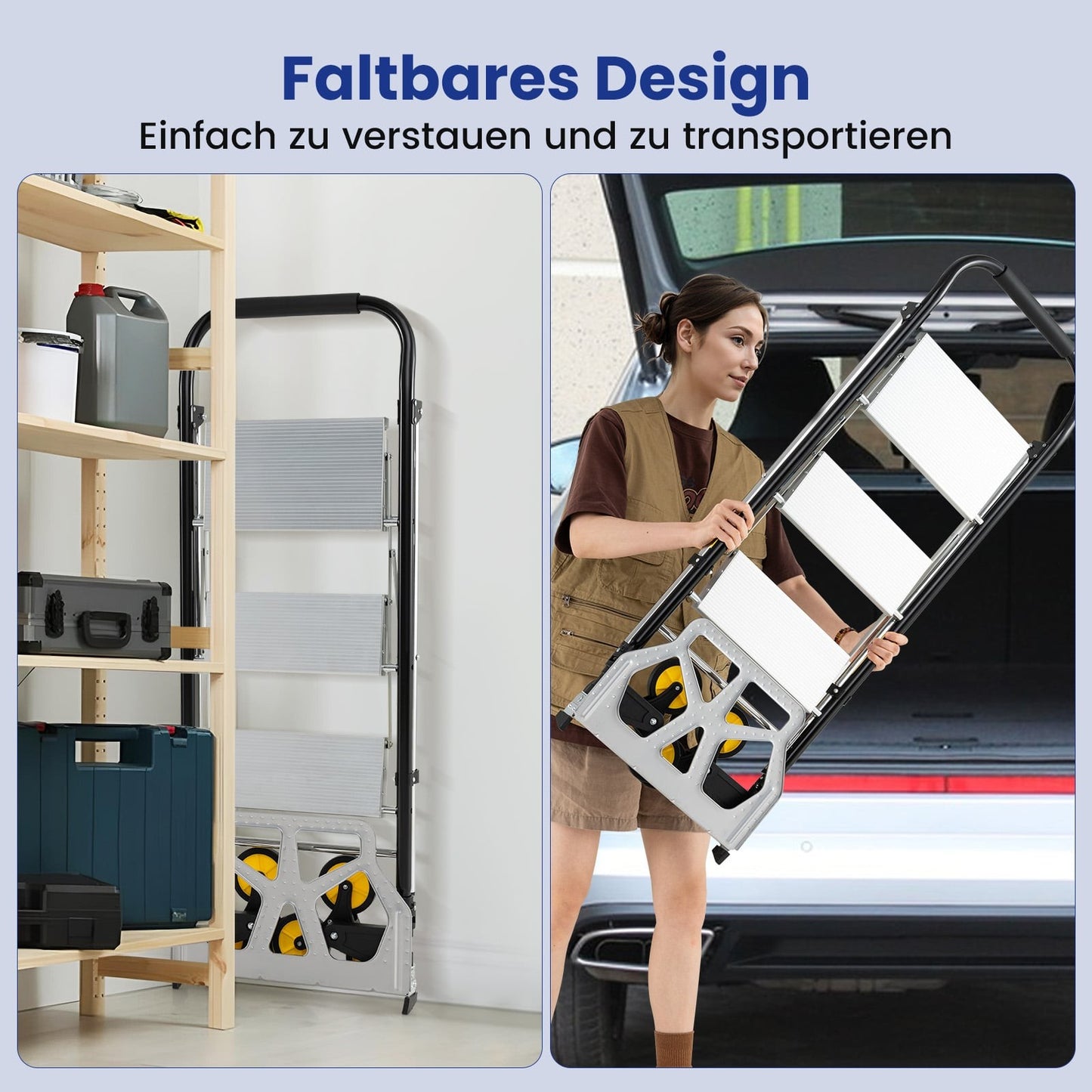 2-in-1 Folding Cart & Ladder, Aluminum, 3-Step, 250kg Capacity