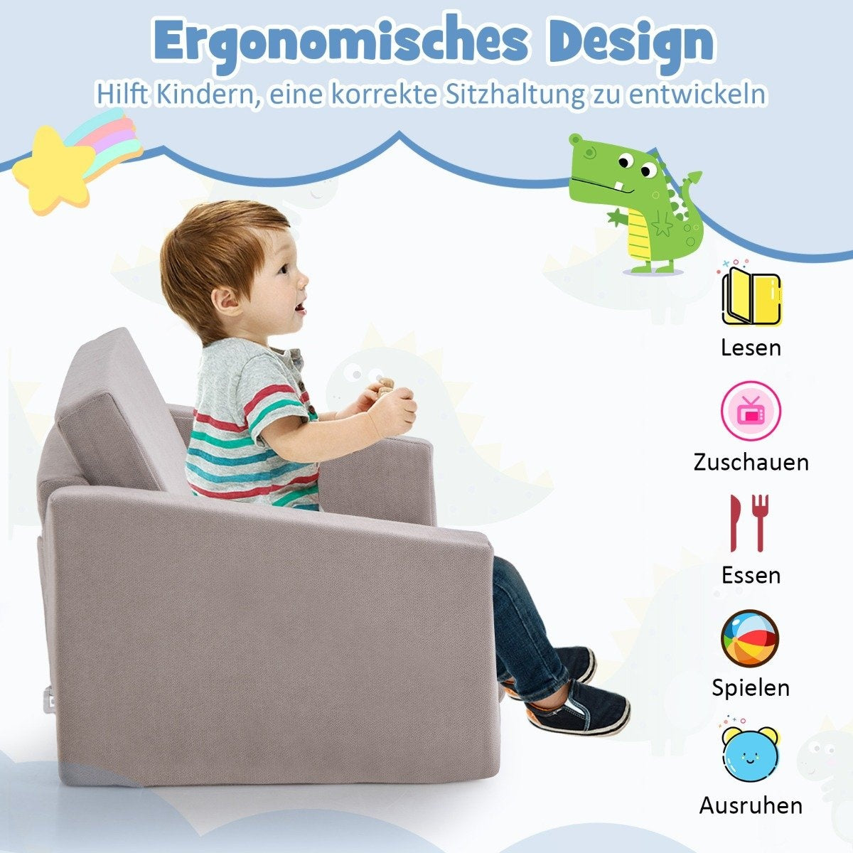 2 in 1 Folding Children's Sofa with Velvet Fabric Upholstered Children's Armchair 77 x 43 x 40 cm Dark Grey