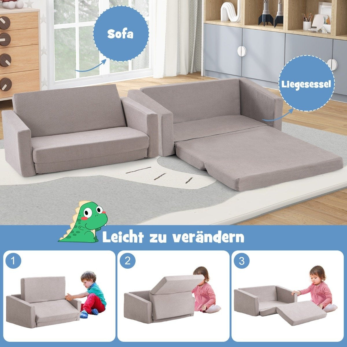 2 in 1 Folding Children's Sofa with Velvet Fabric Upholstered Children's Armchair 77 x 43 x 40 cm Dark Grey