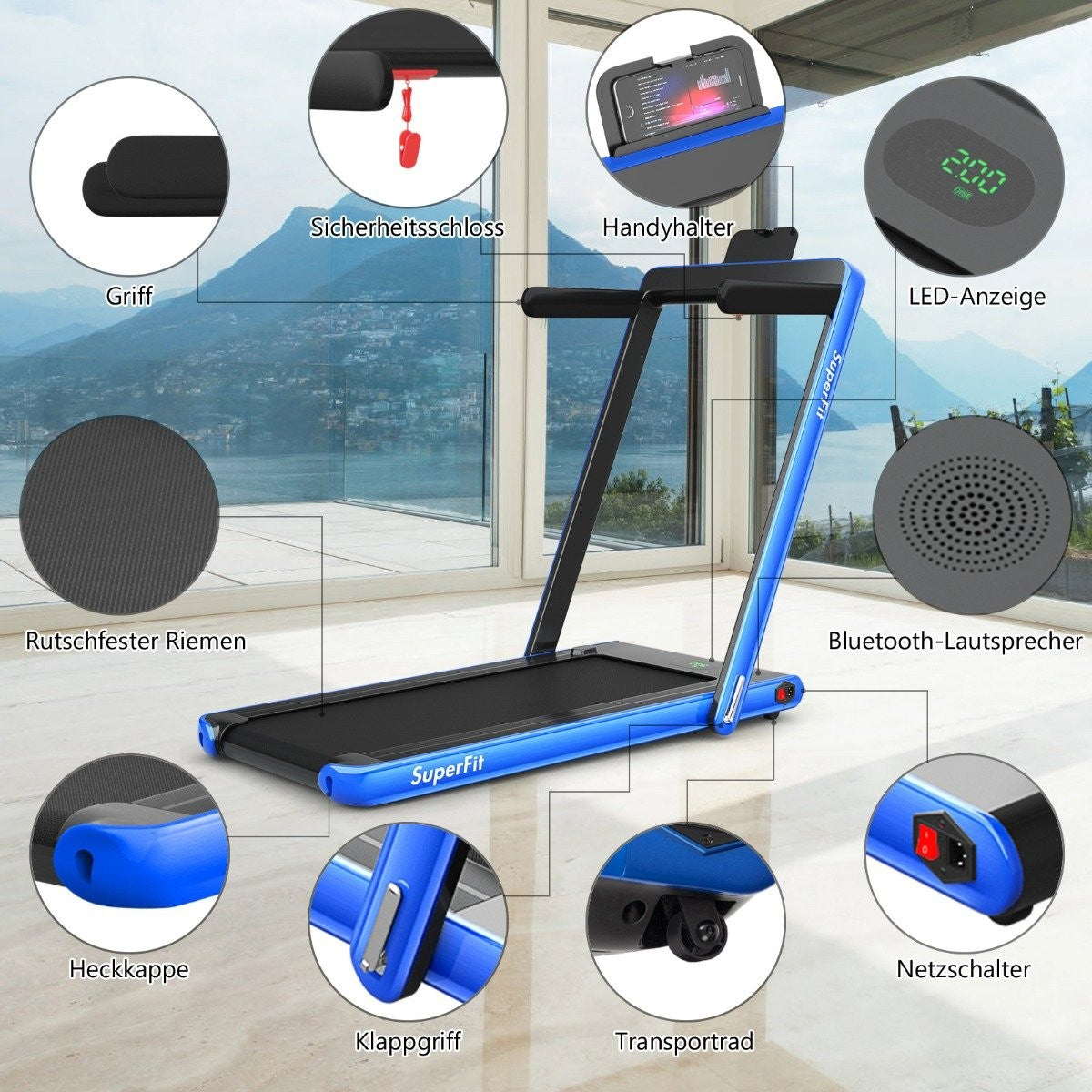2 in 1 Folding Treadmill 2.25 HP Portable Electric Treadmill Blue