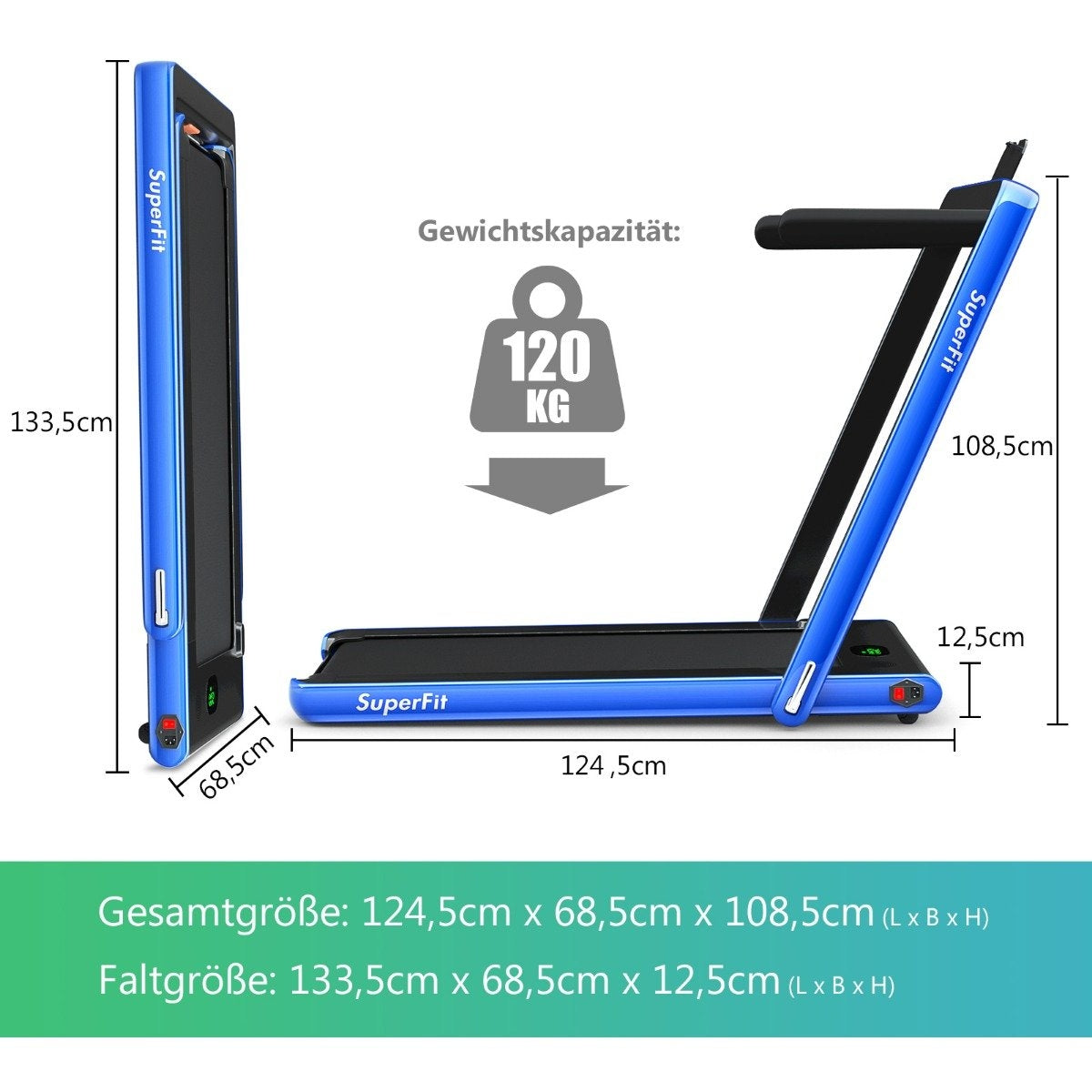 2 in 1 Folding Treadmill 2.25 HP Portable Electric Treadmill Blue