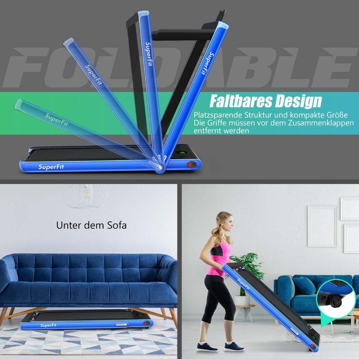 2 in 1 Folding Treadmill 2.25 HP Portable Electric Treadmill Blue